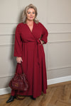 Maxi jurk lange mouwen met strik uni bordeaux