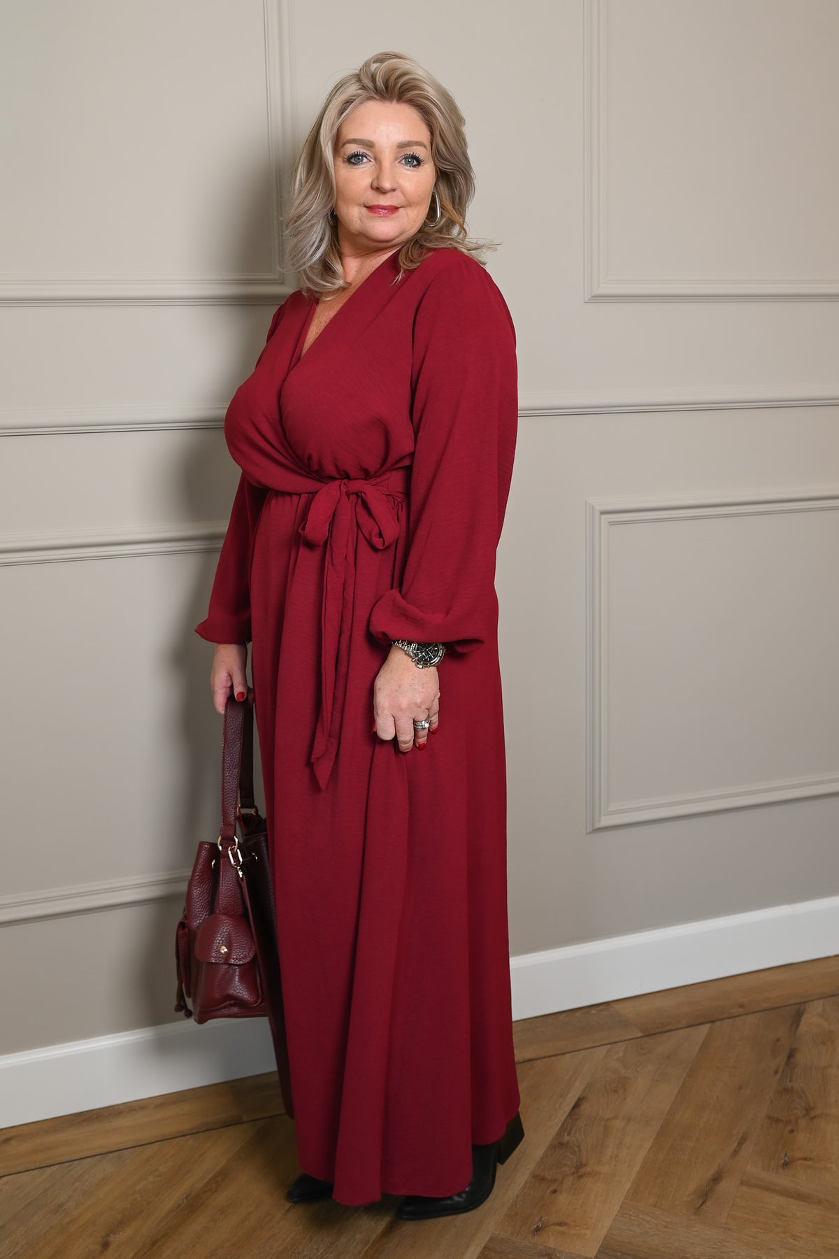 Maxi jurk lange mouwen met strik uni bordeaux