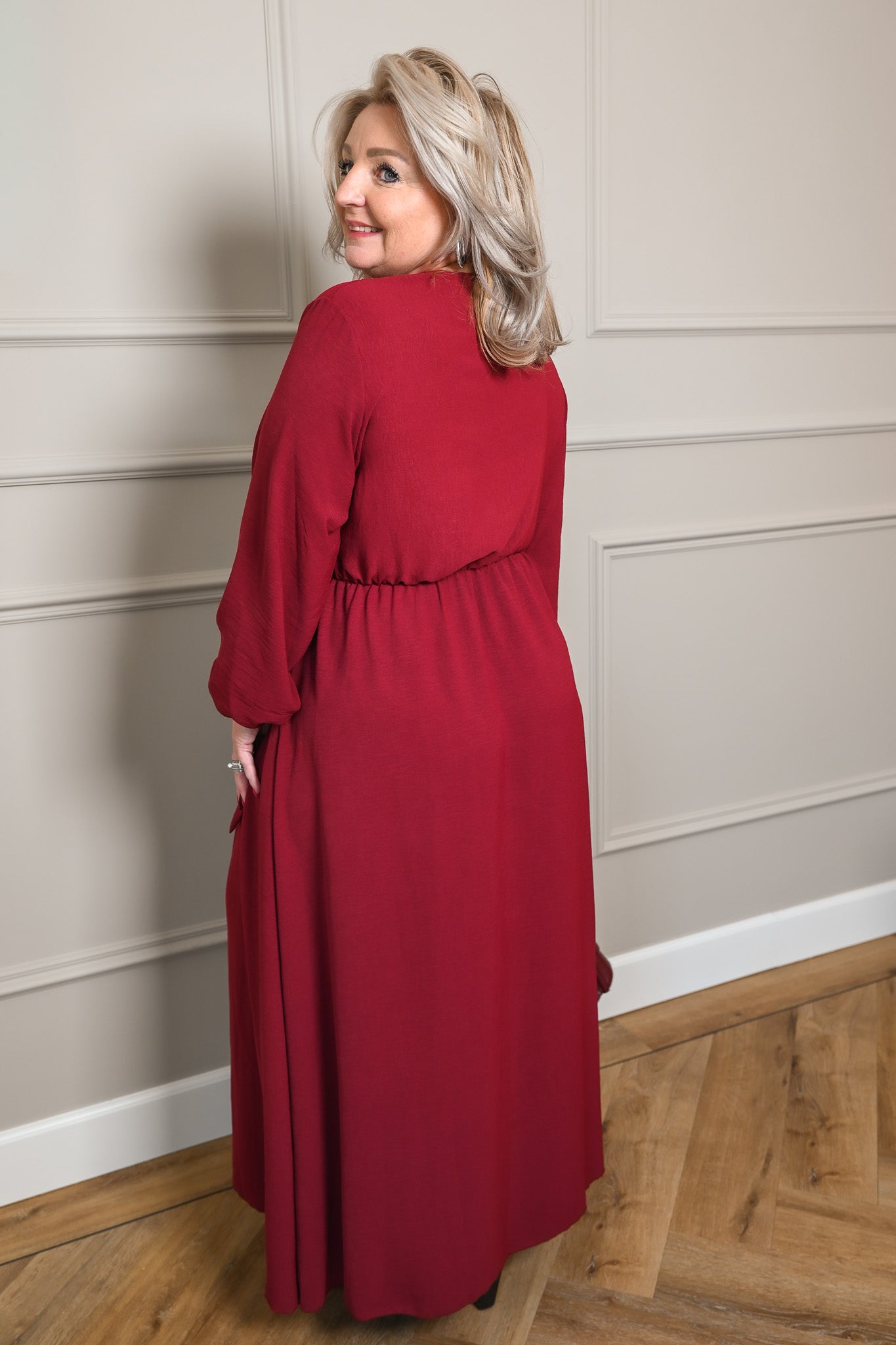 Maxi jurk lange mouwen met strik uni bordeaux