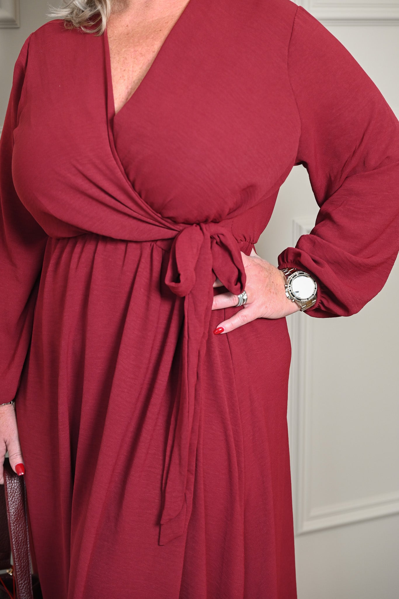 Maxi jurk lange mouwen met strik uni bordeaux