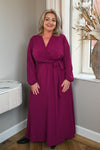 Maxi jurk lange mouwen met strik uni magenta