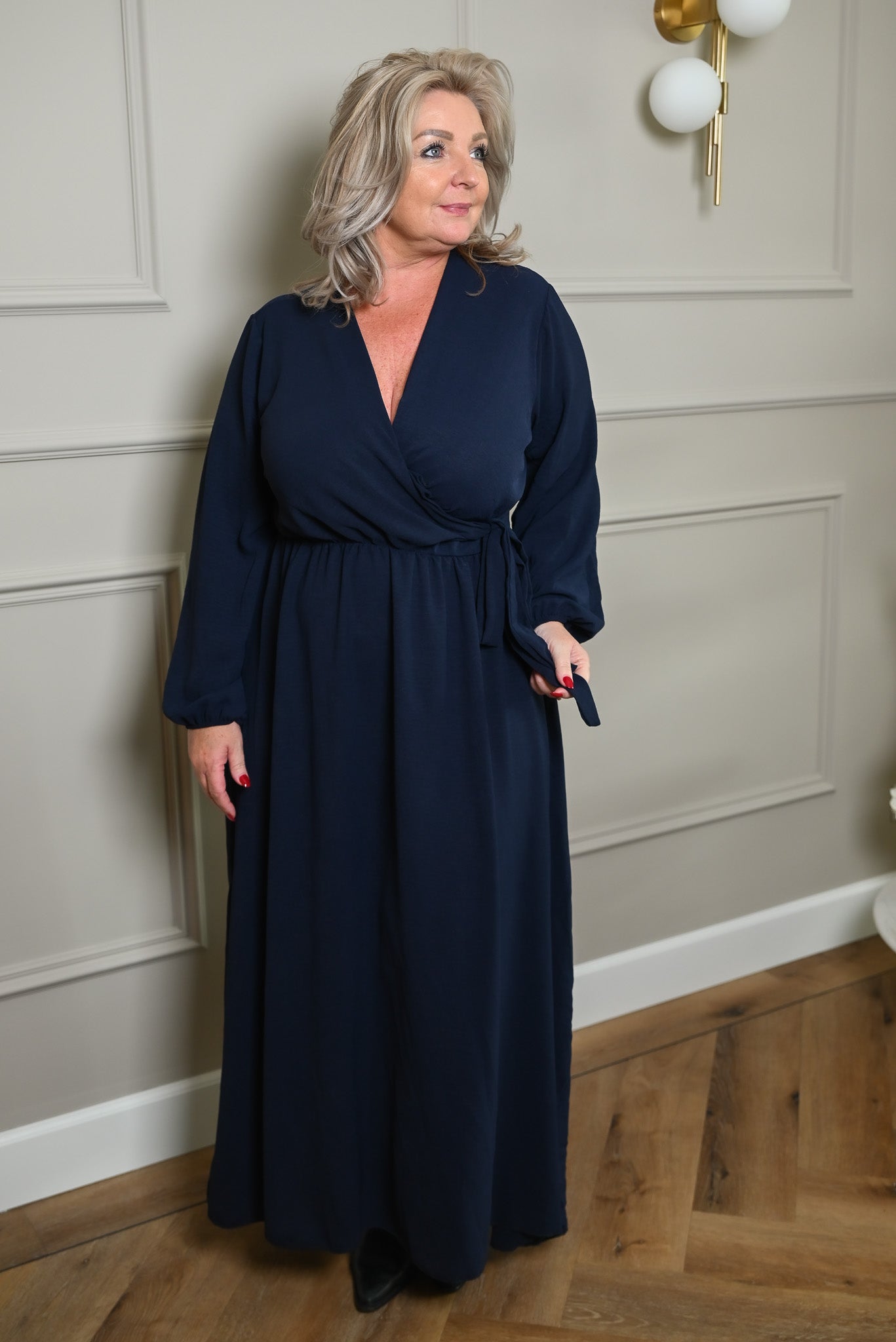 Maxi jurk lange mouwen met strik uni marineblauw
