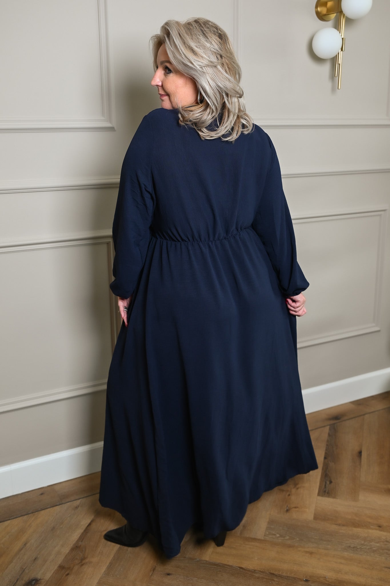 Maxi jurk lange mouwen met strik uni marineblauw