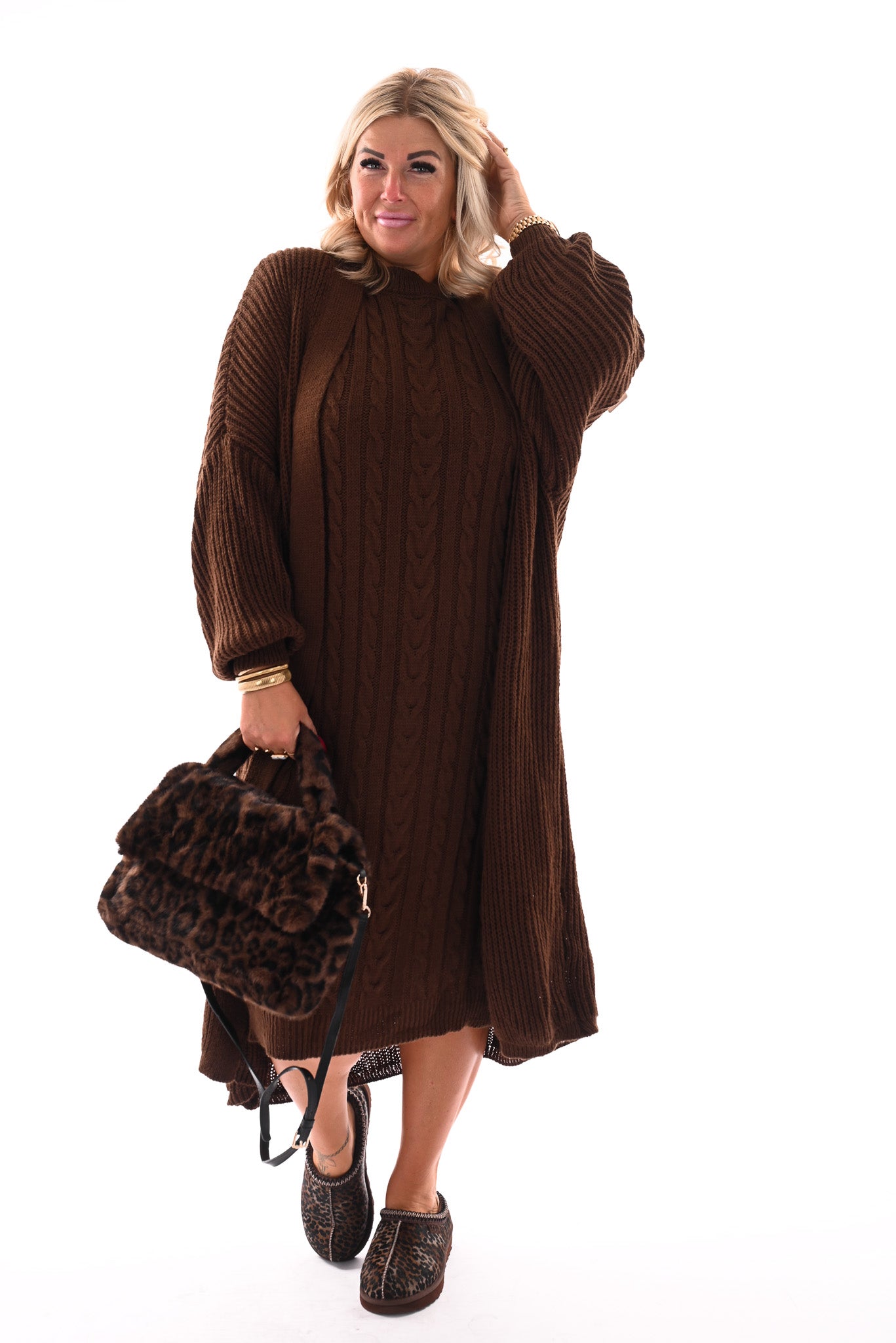 Faux fur panterprint handtas camel