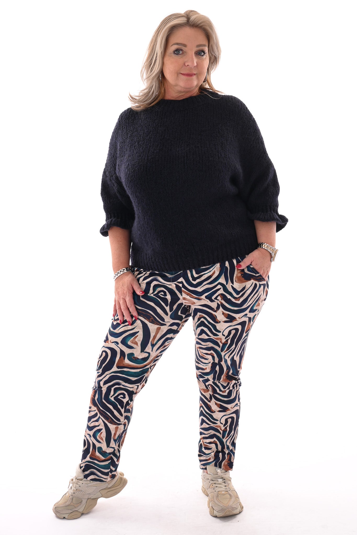 Broek print strepen marineblauw