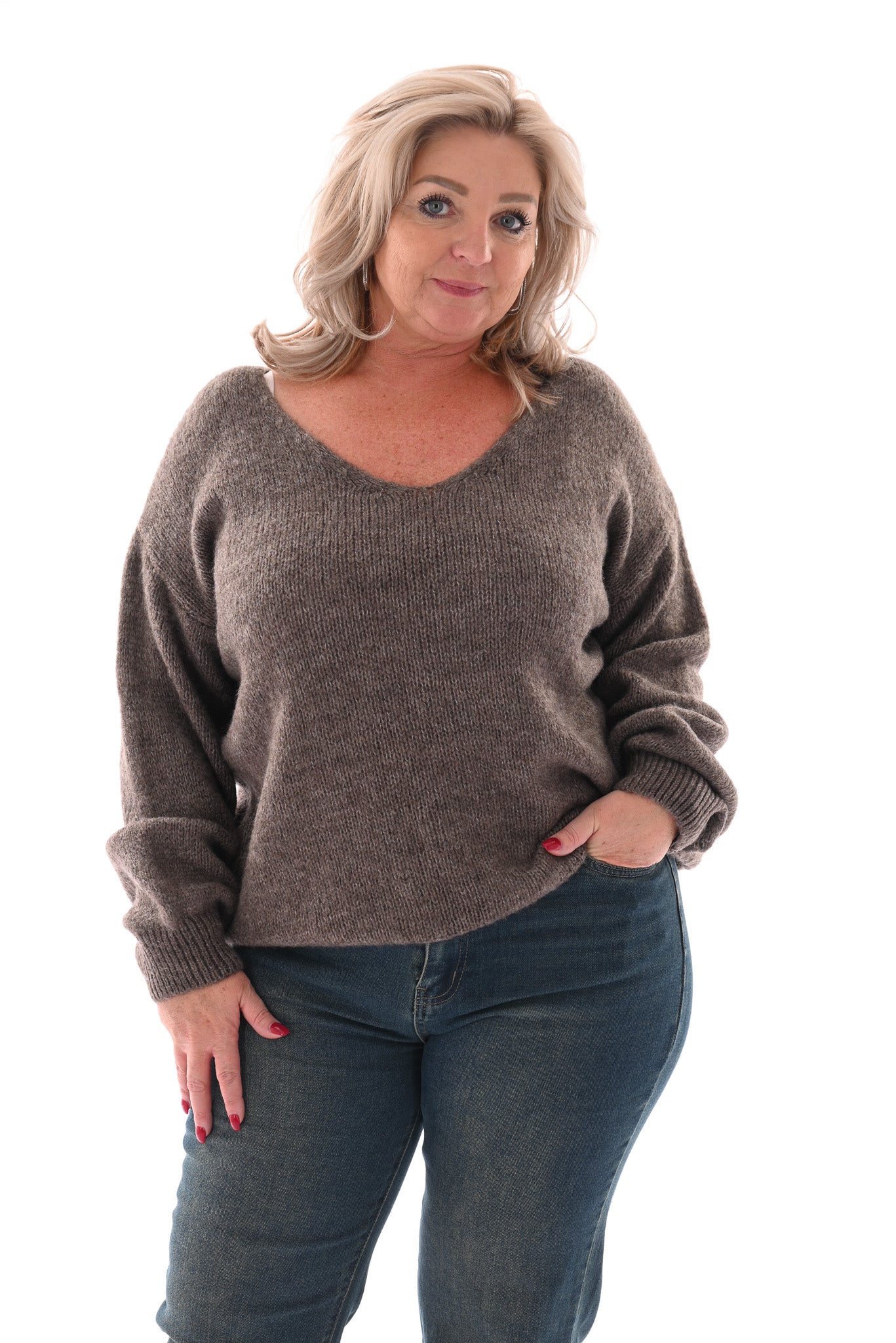 Gebreide trui v-hals pofmouwen uni taupe