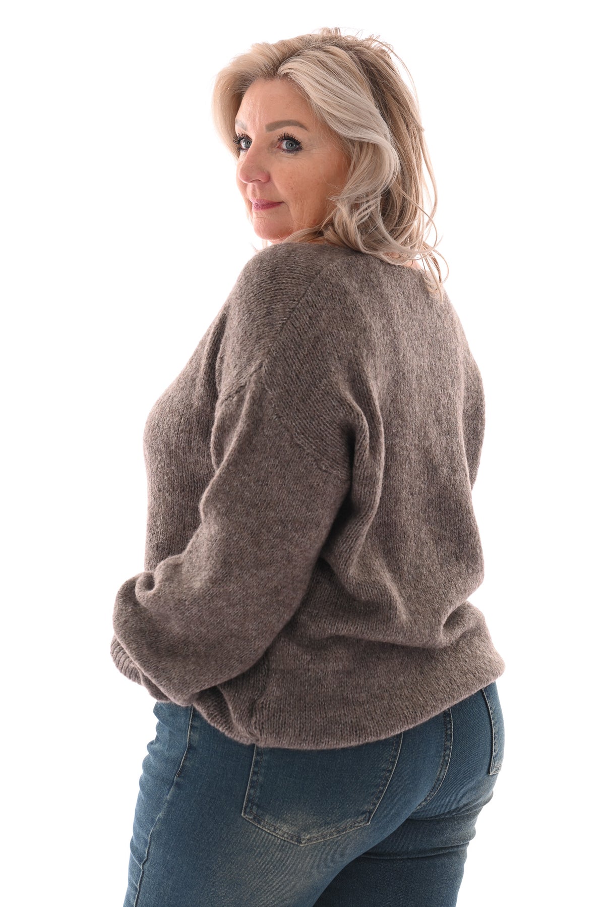 Gebreide trui v-hals pofmouwen uni taupe