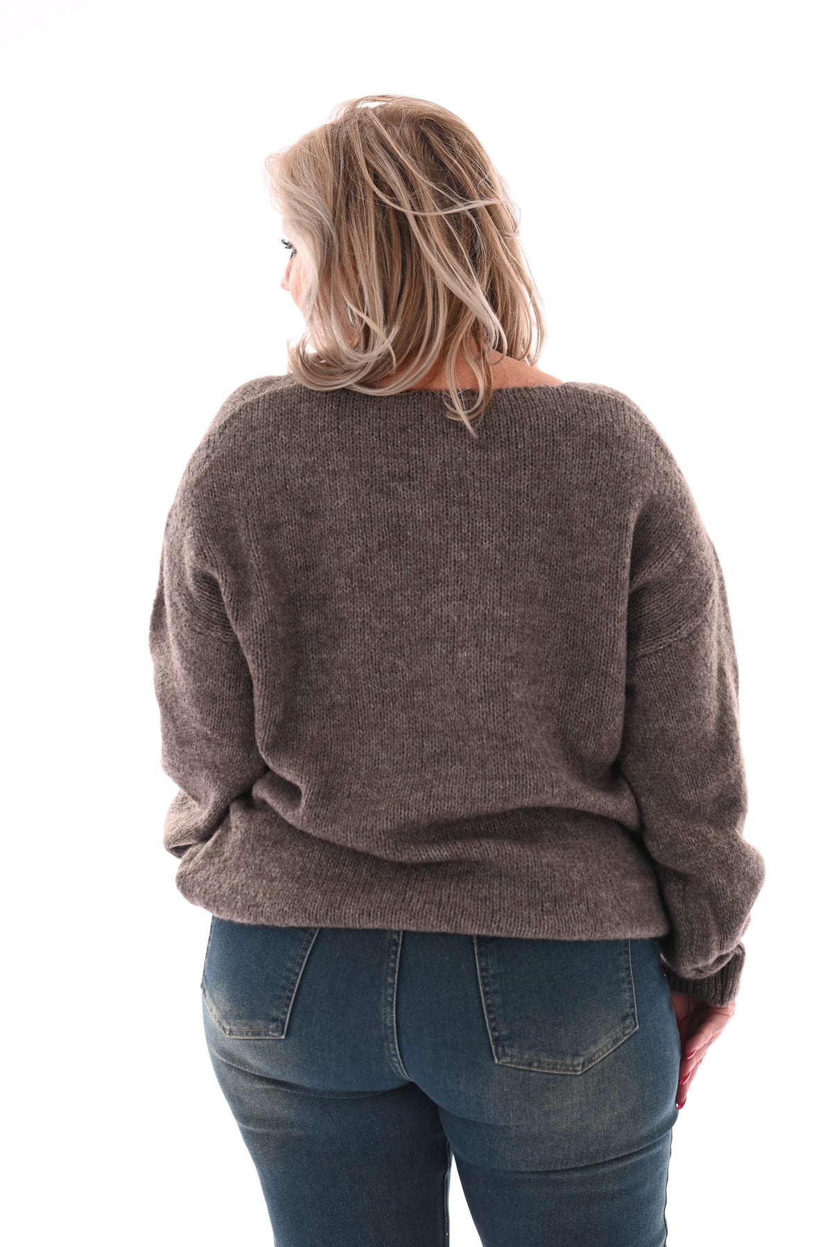 Gebreide trui v-hals pofmouwen uni taupe