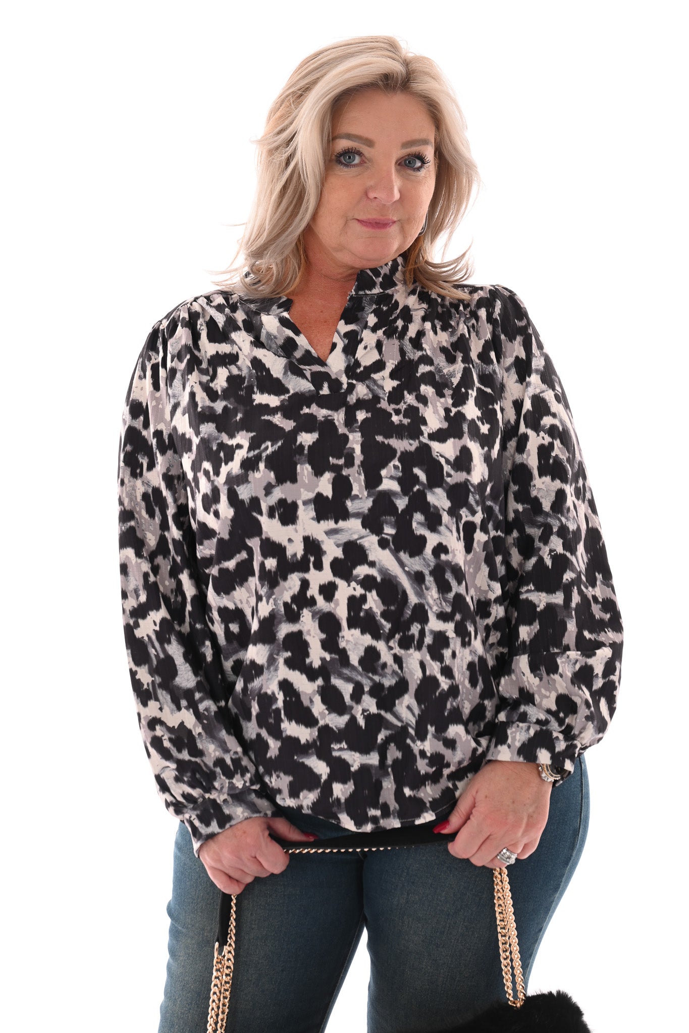 Blouse opstaande kraag panterprint zwart