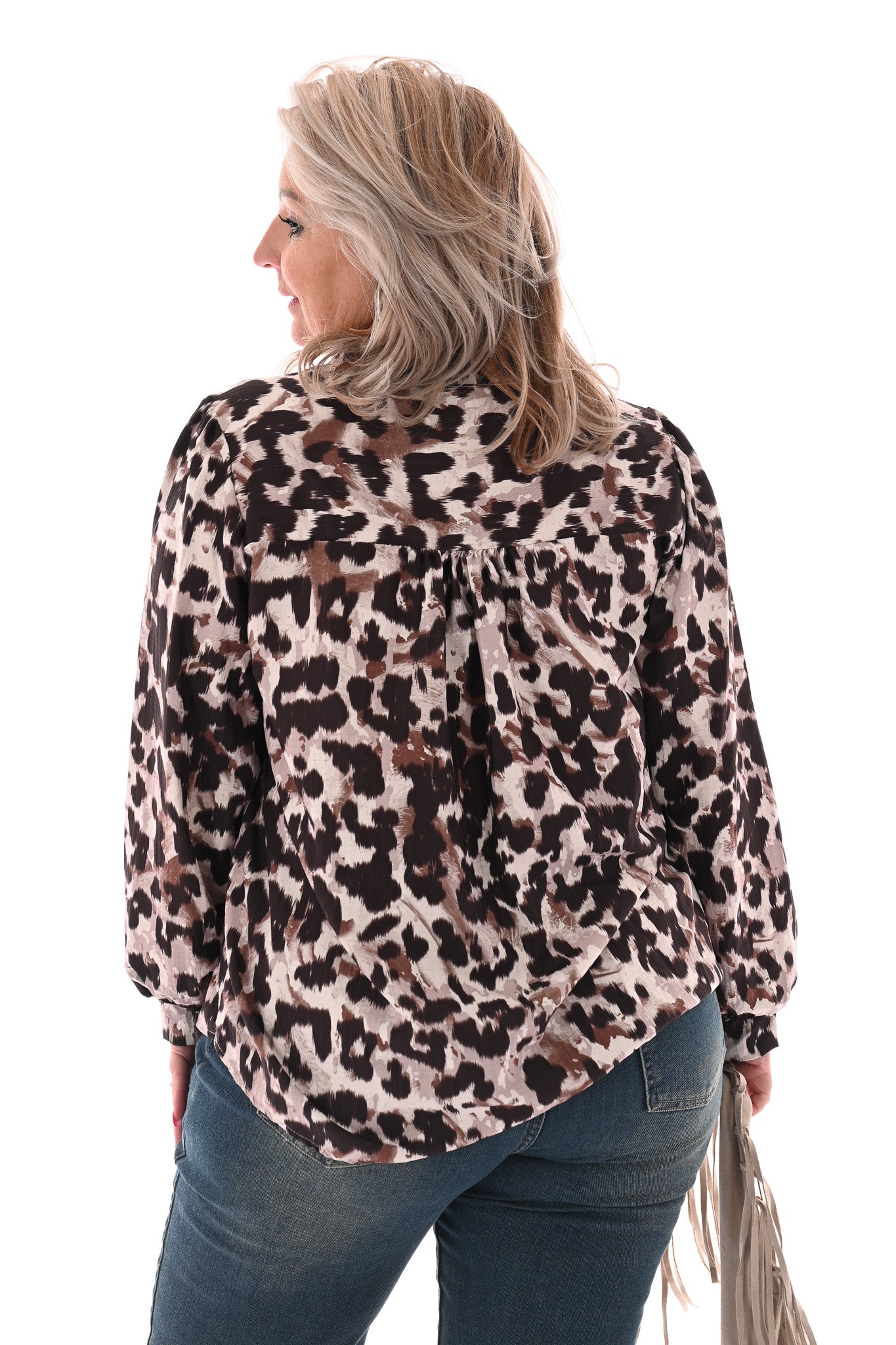 Blouse opstaande kraag panterprint bruin