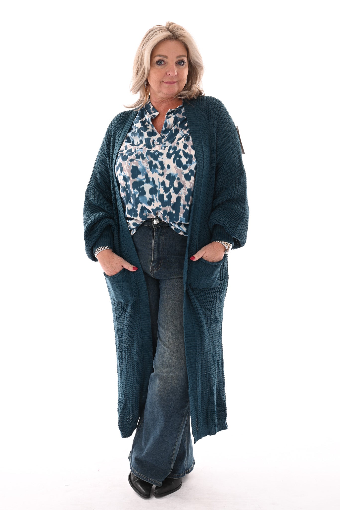 Blouse opstaande kraag panterprint petrol