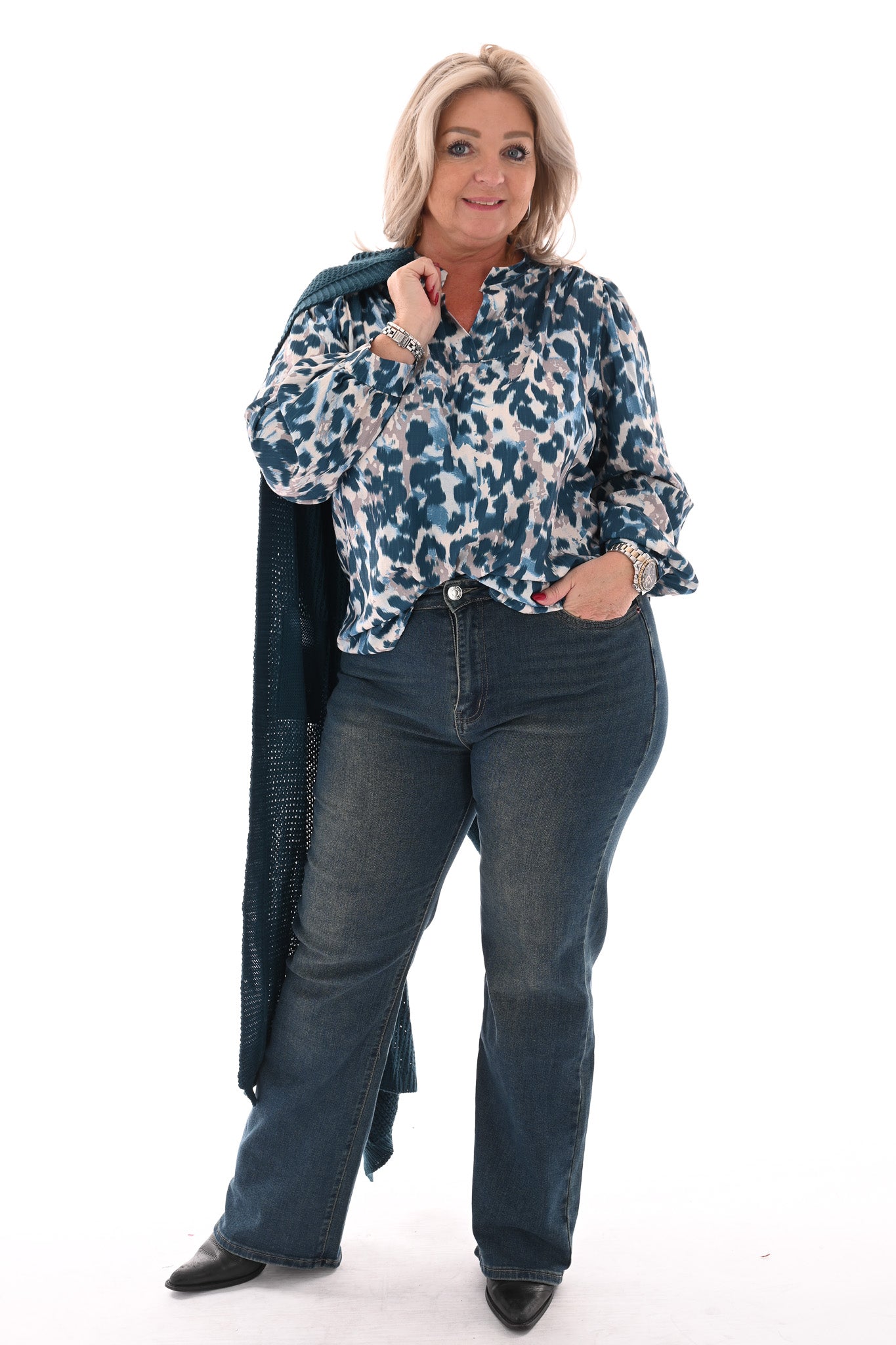 Blouse opstaande kraag panterprint petrol