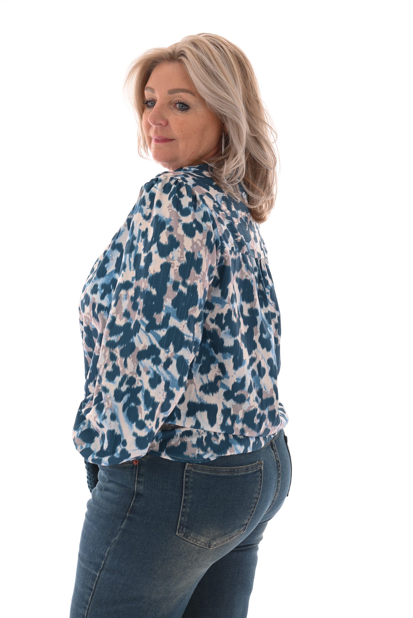 Blouse opstaande kraag panterprint petrol