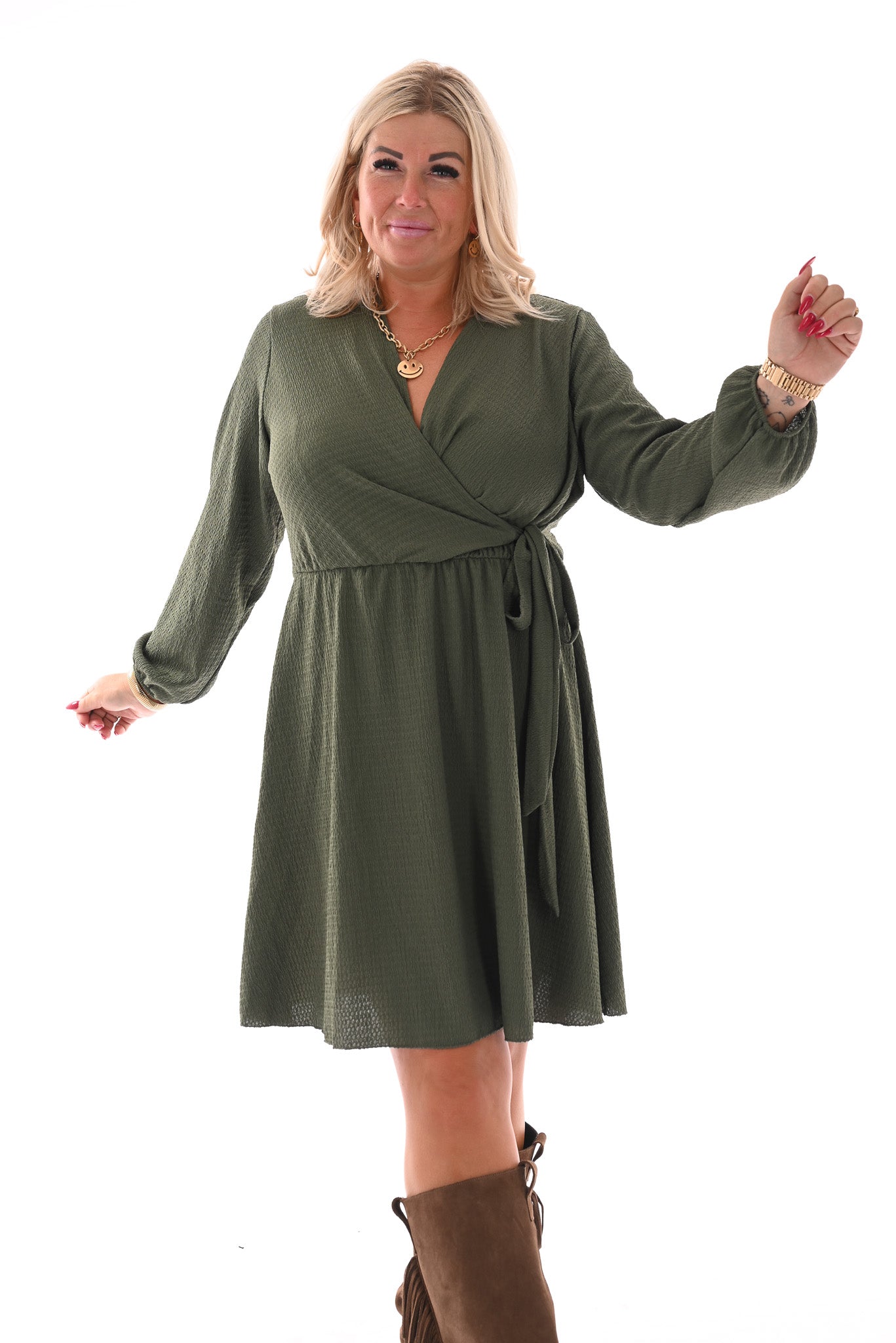 Korte crepe jurk met strik uni legergroen