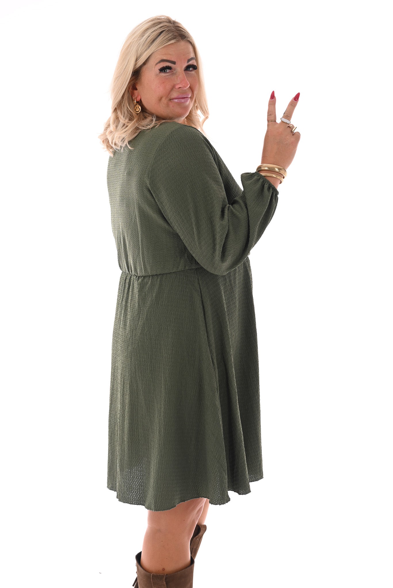 Korte crepe jurk met strik uni legergroen