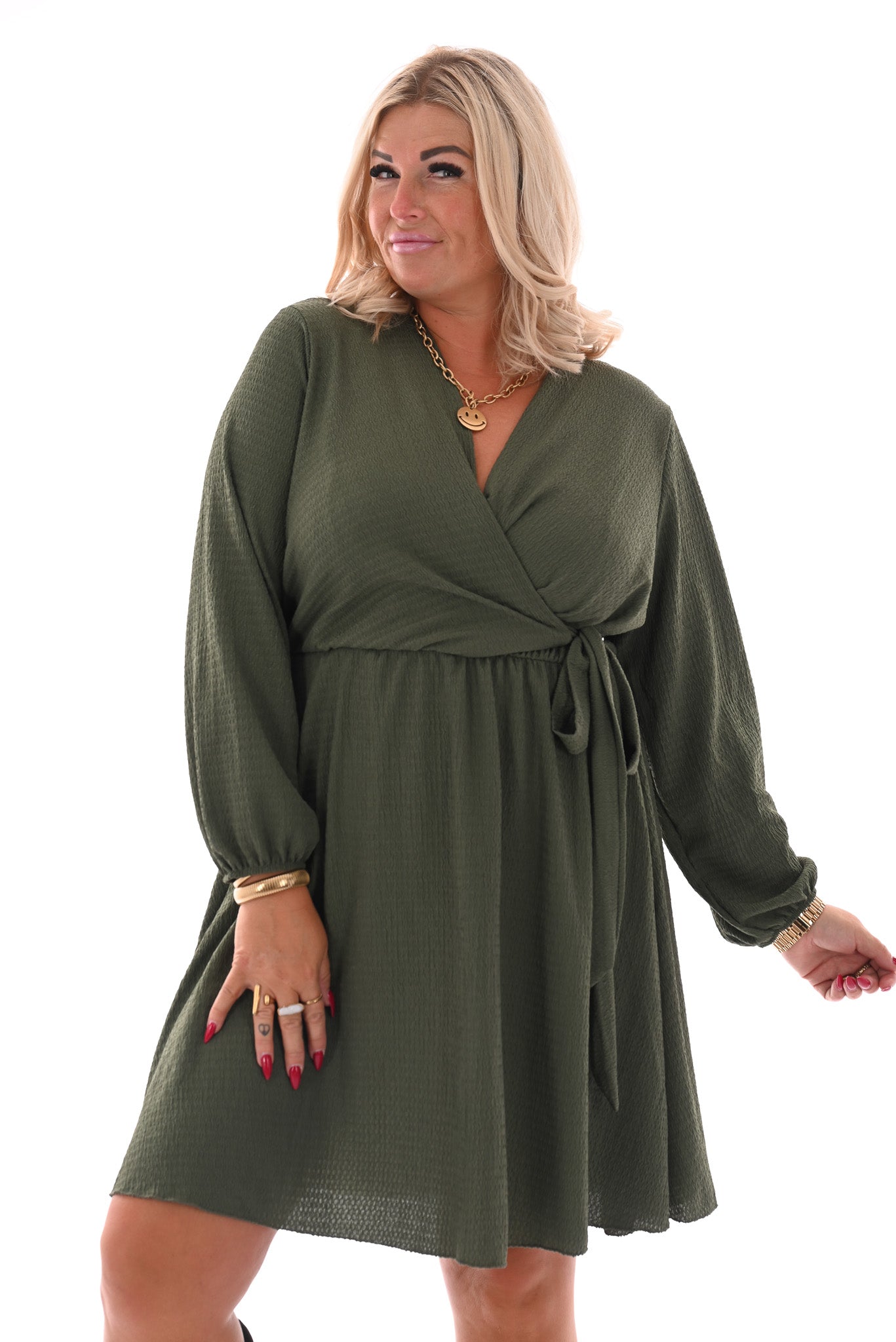 Korte crepe jurk met strik uni legergroen