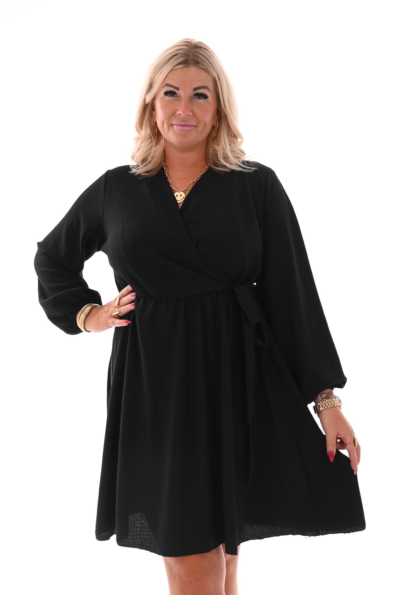 Korte crepe jurk met strik uni zwart