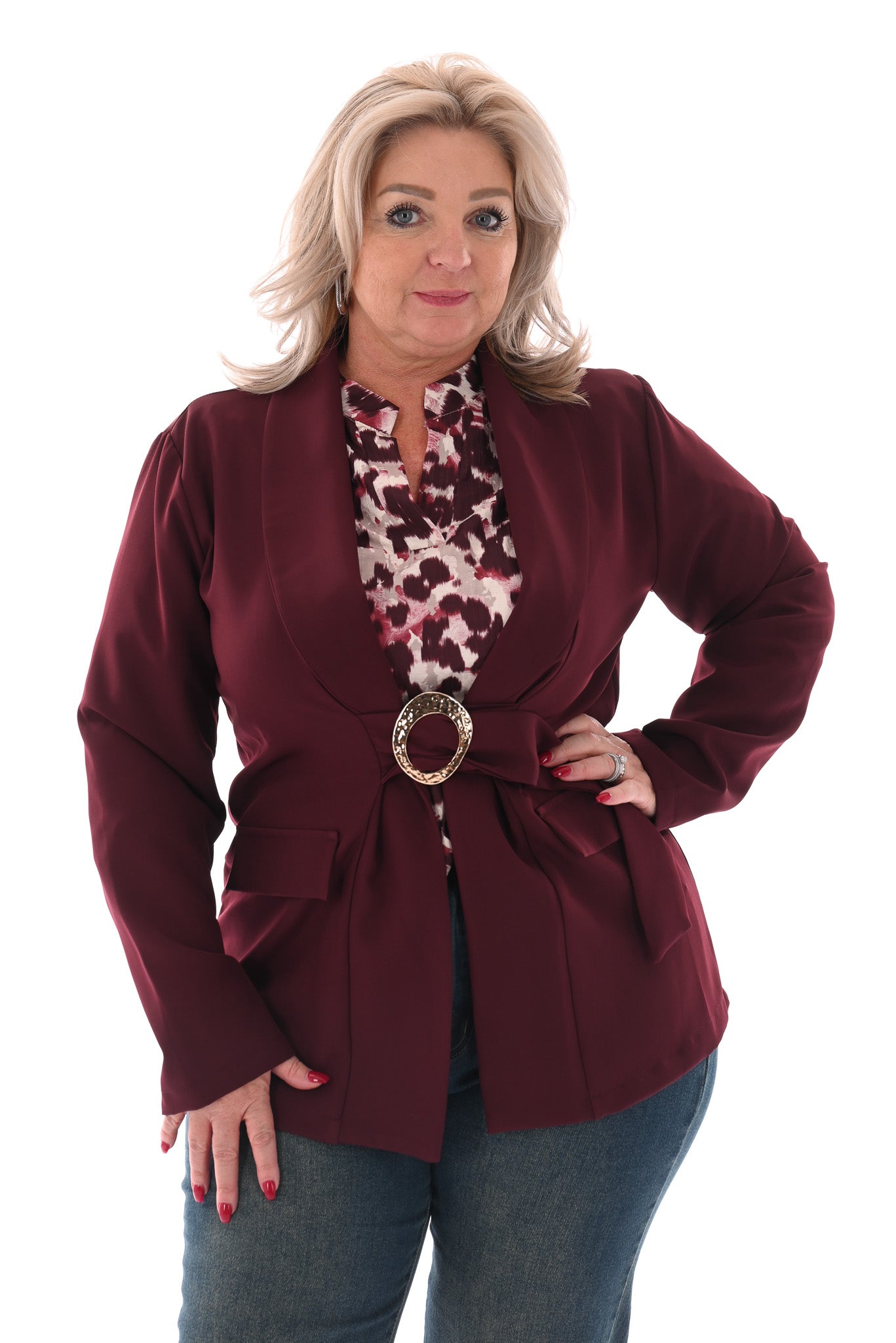 Blazer met ceintuur en gouden gesp bordeaux