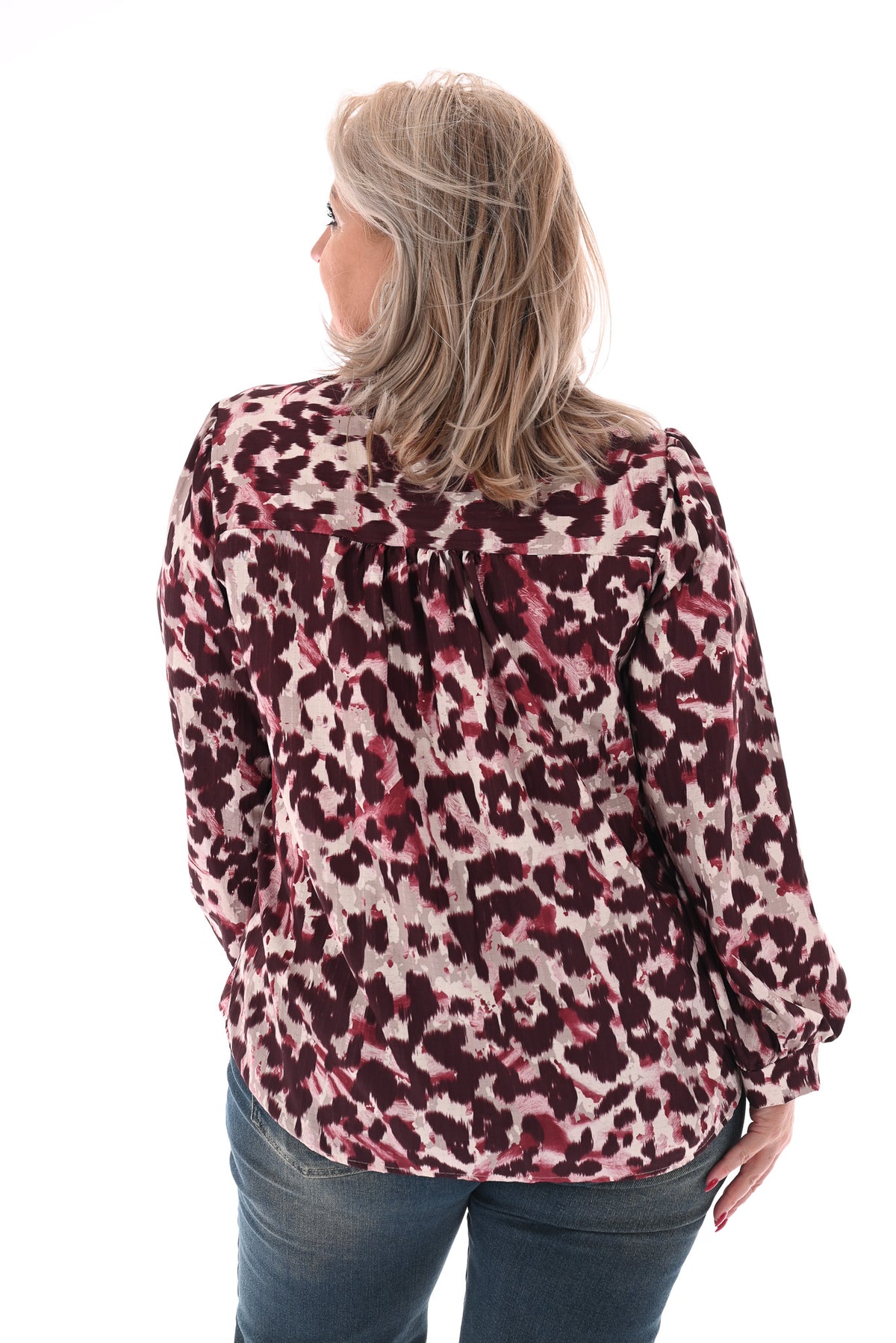 Blouse opstaande kraag panterprint bordeaux