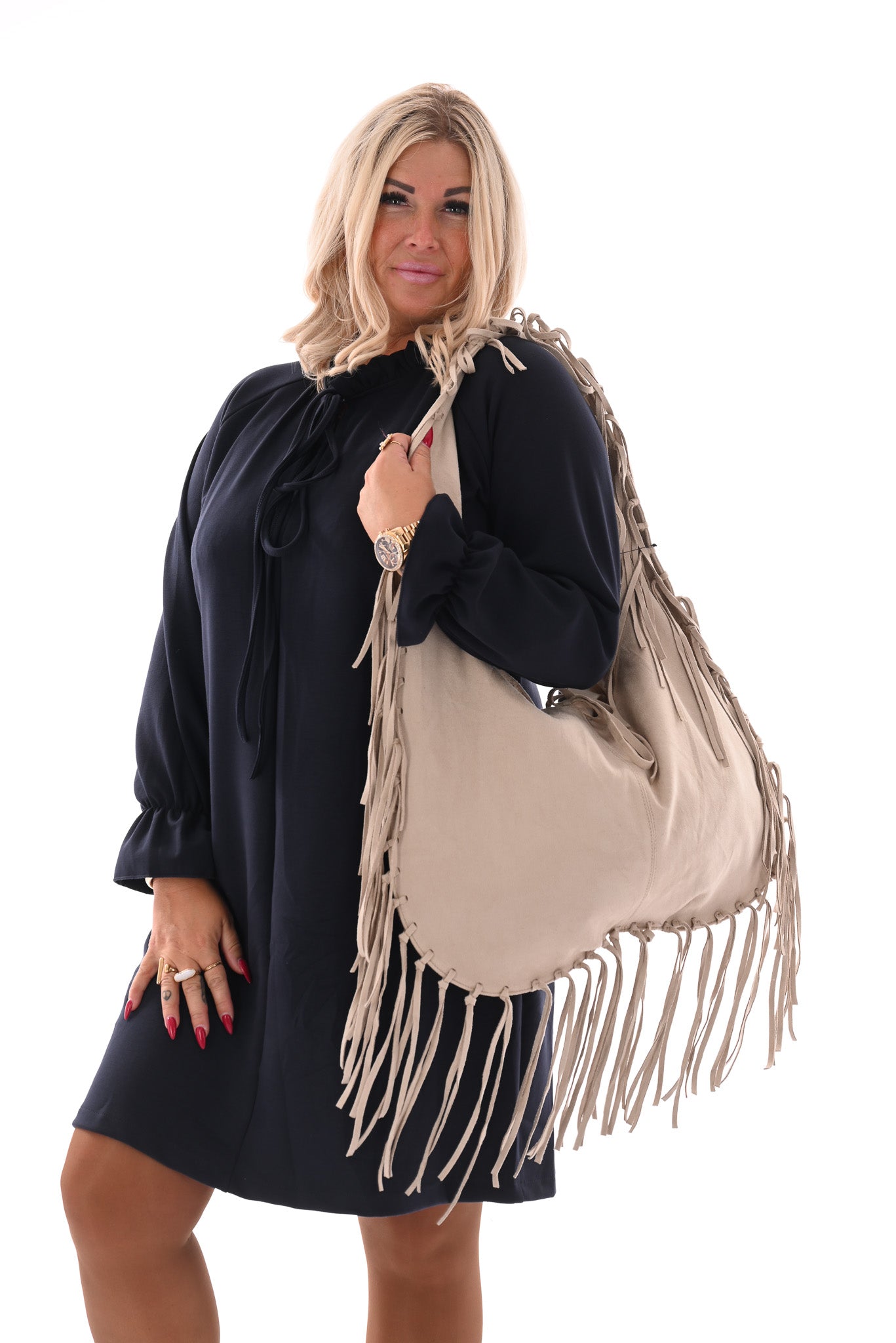Jurk roezel kraag uni marineblauw
