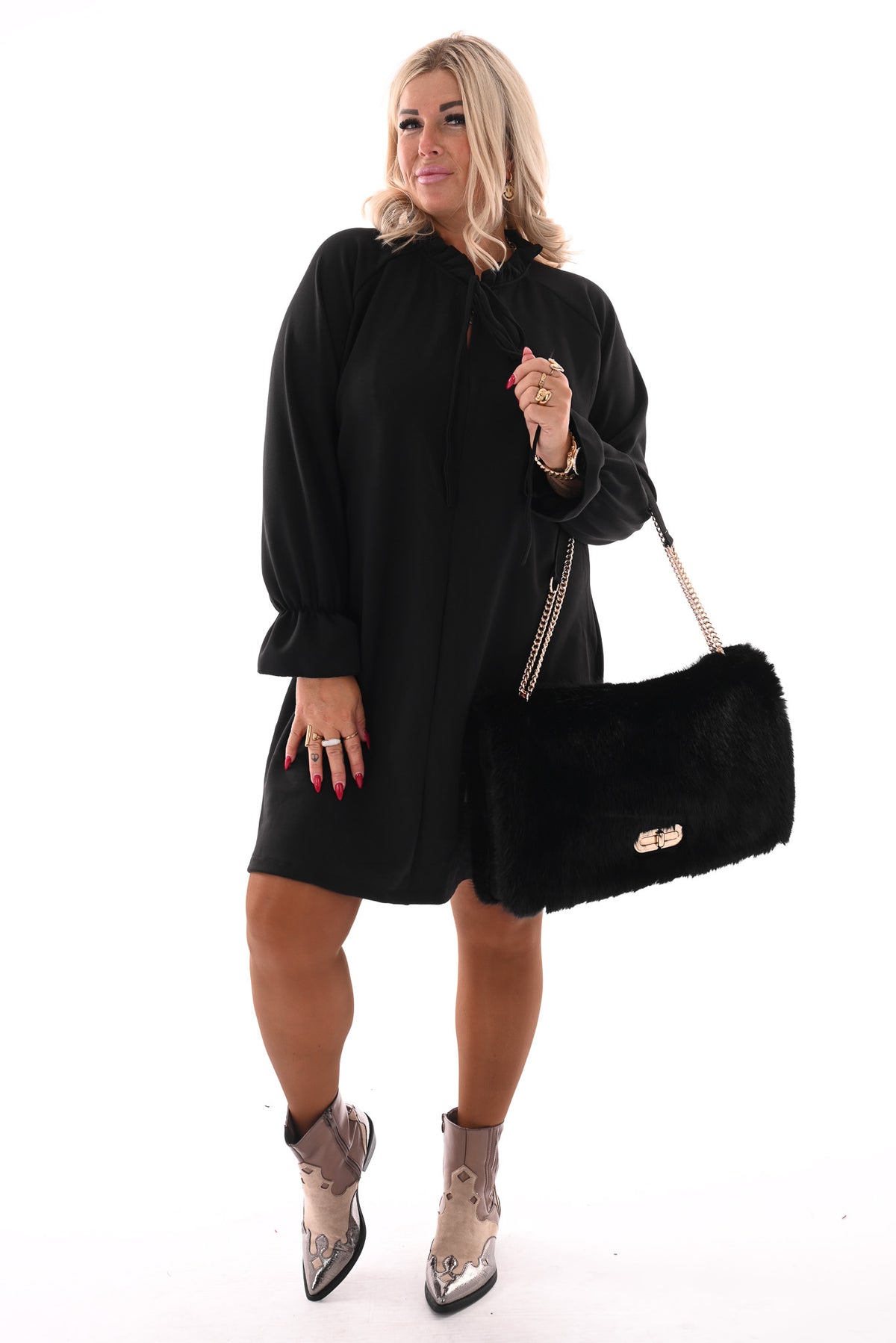 Faux fur suedinelook schouder tas zwart