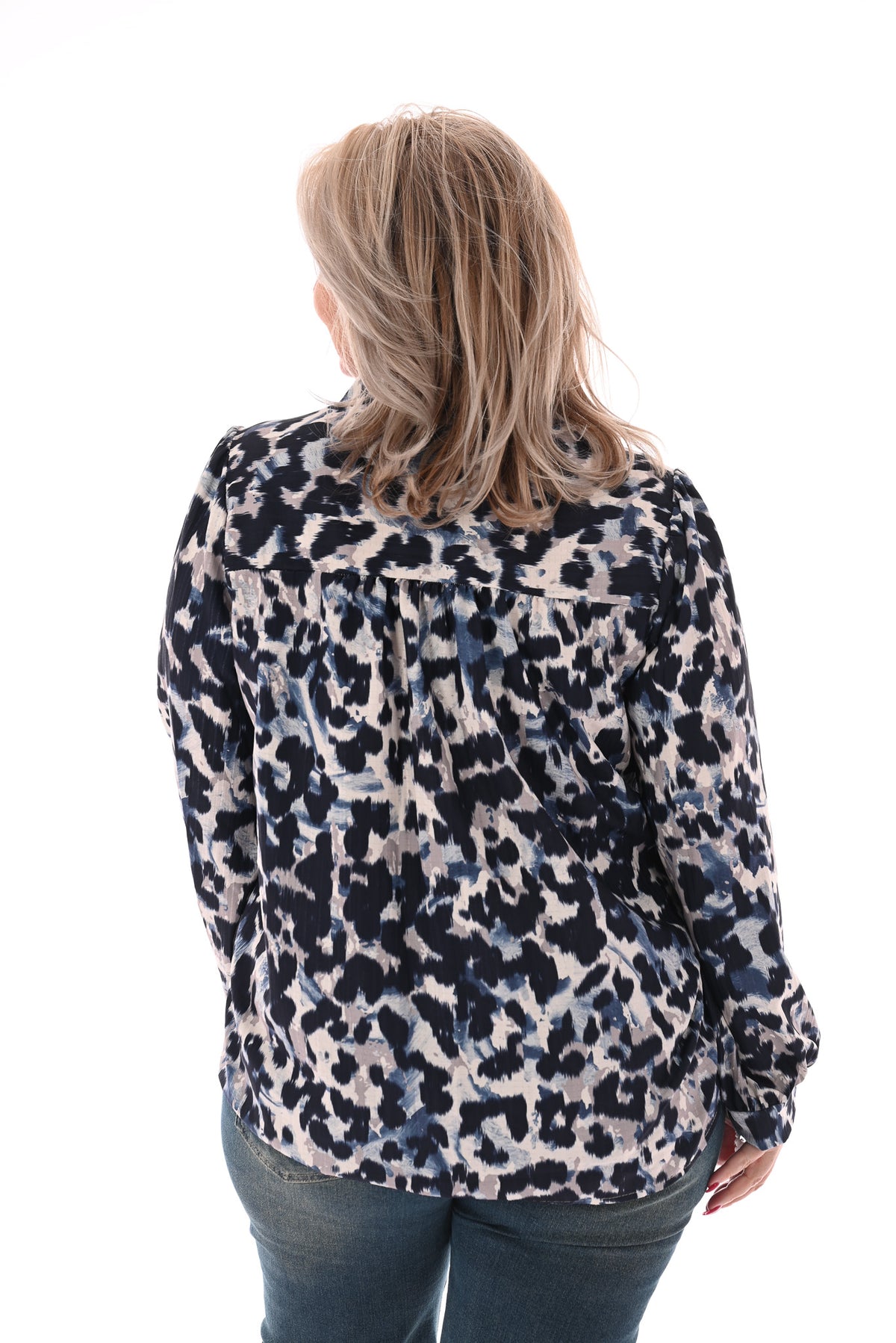 Blouse opstaande kraag panterprint marineblauw