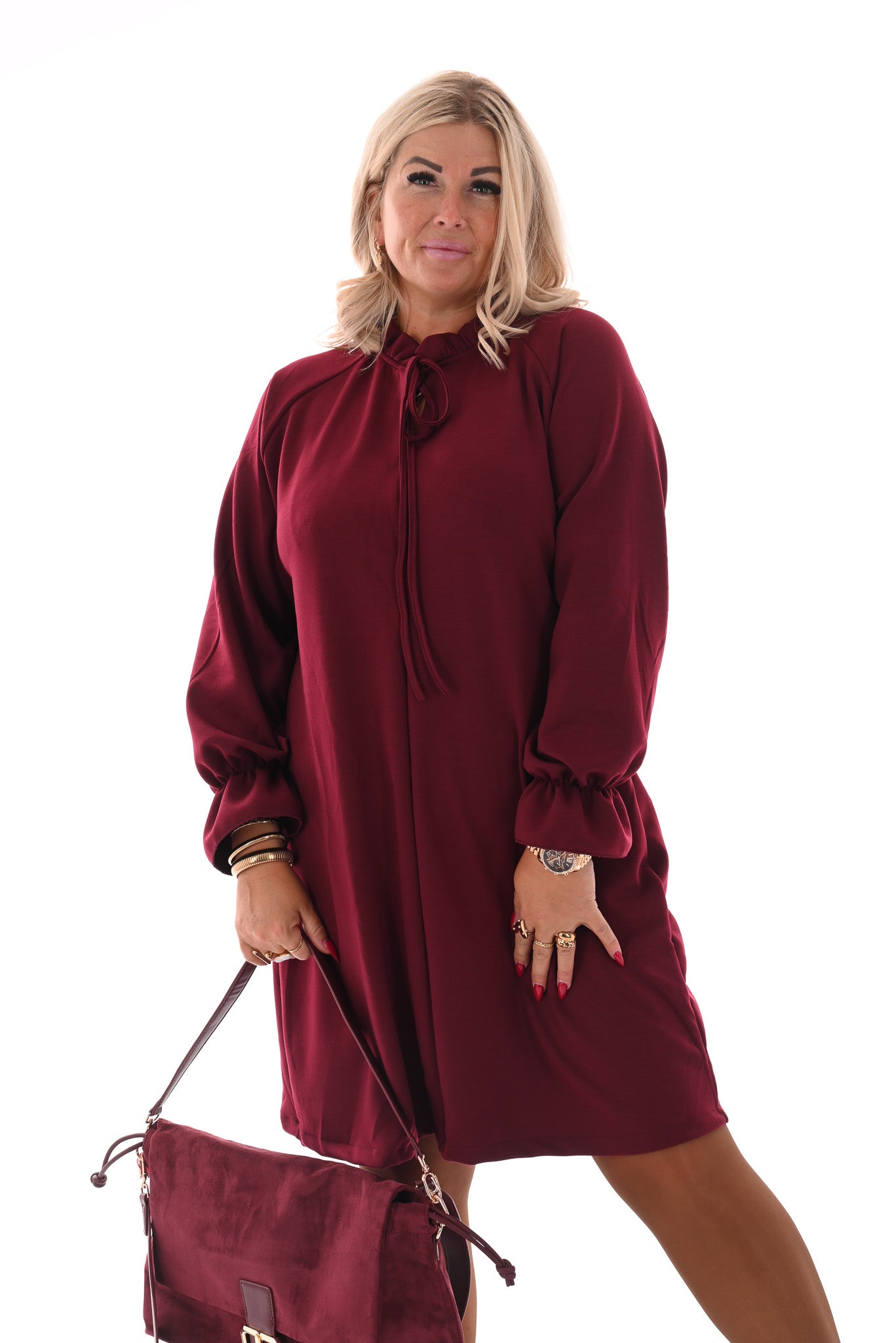Jurk roezel kraag uni bordeaux