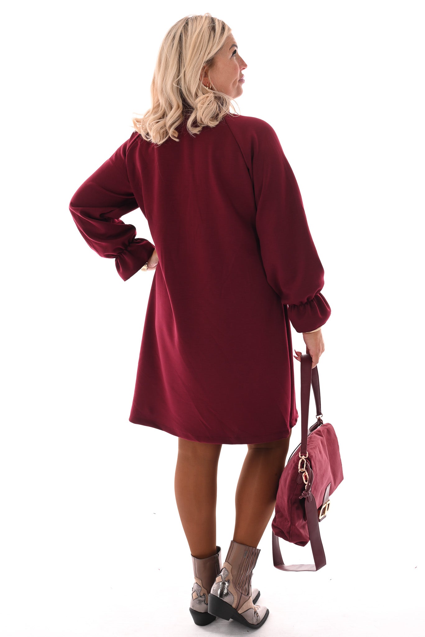 Jurk roezel kraag uni bordeaux