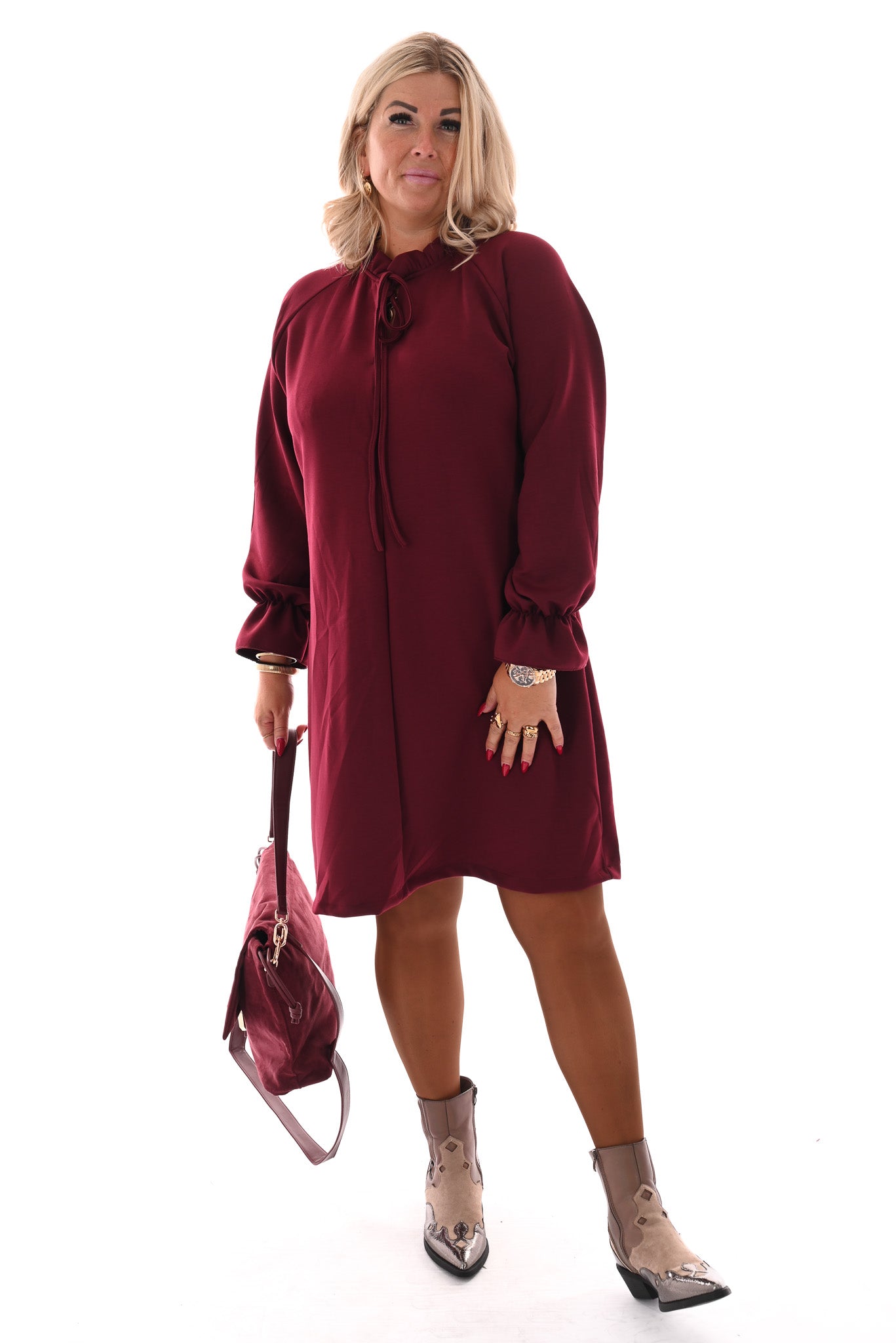 Jurk roezel kraag uni bordeaux