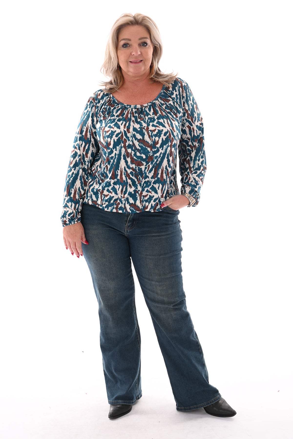 Basic top lange mouwen print vlekken petrol
