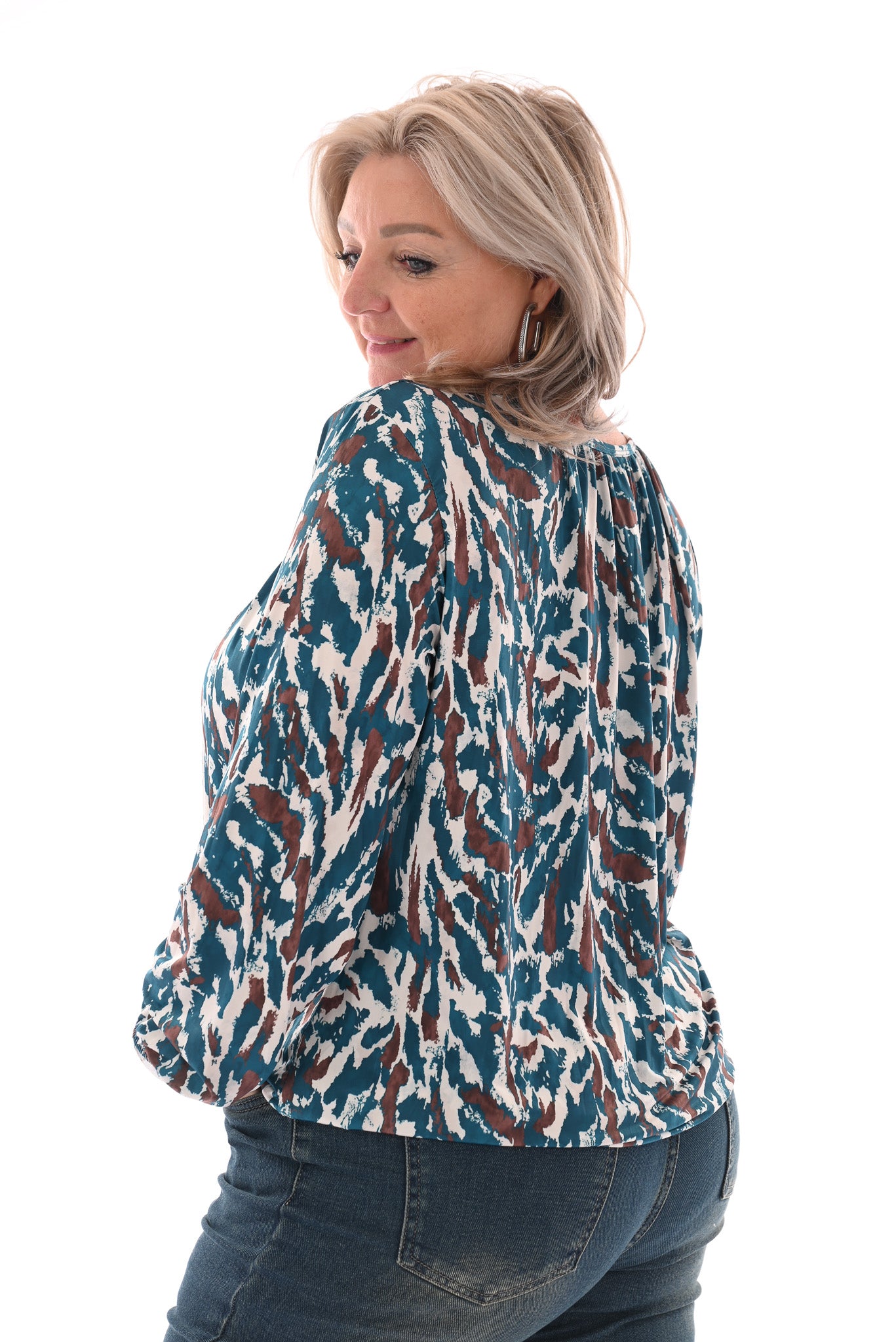 Basic top lange mouwen print vlekken petrol
