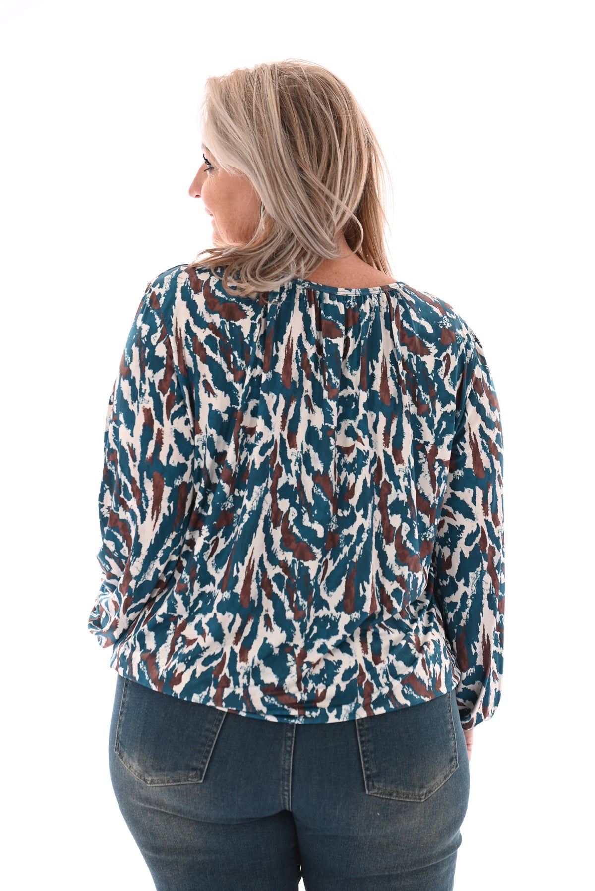 Basic top lange mouwen print vlekken petrol