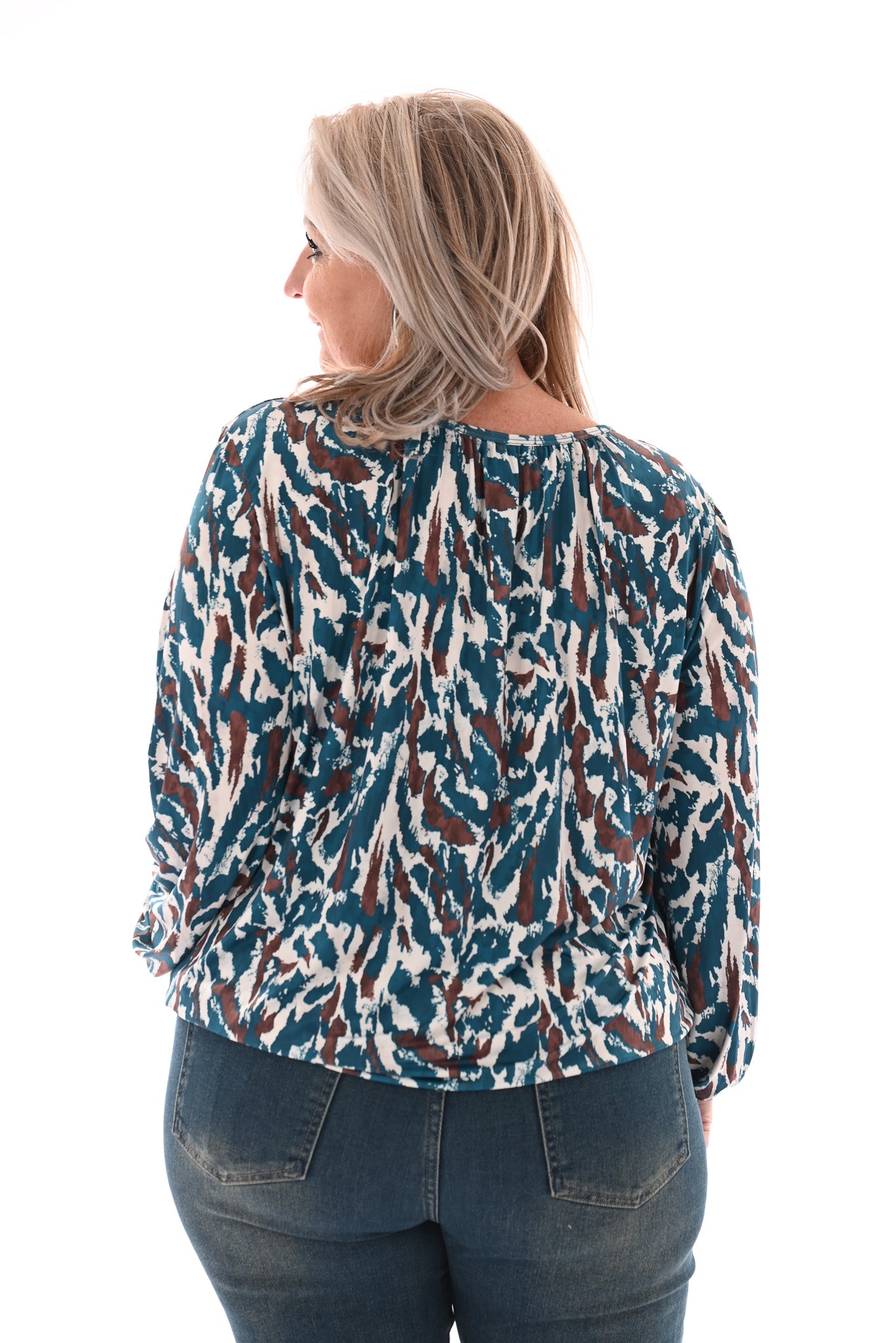 Basic top lange mouwen print vlekken petrol