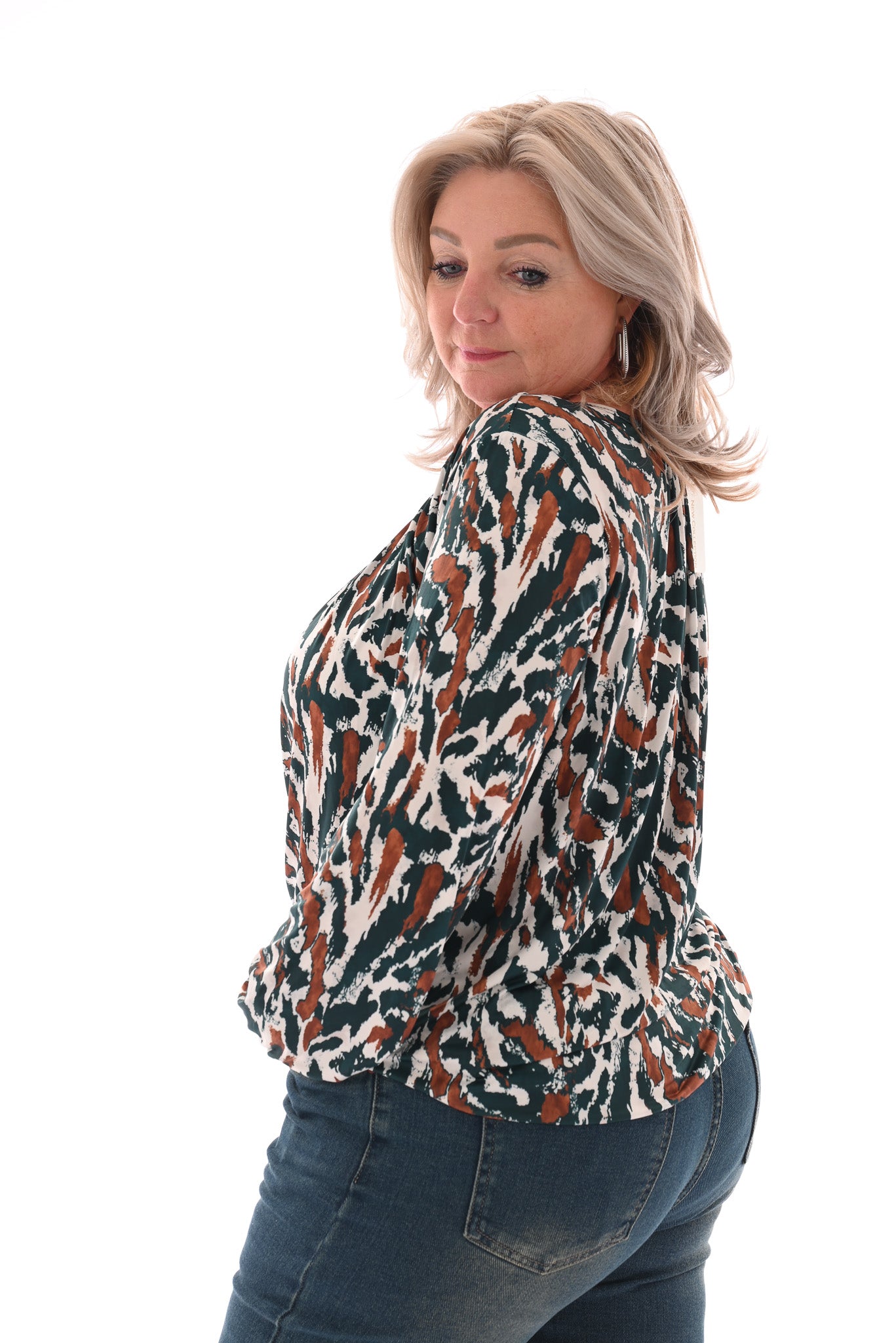 Basic top lange mouwen print vlekken flessengroen