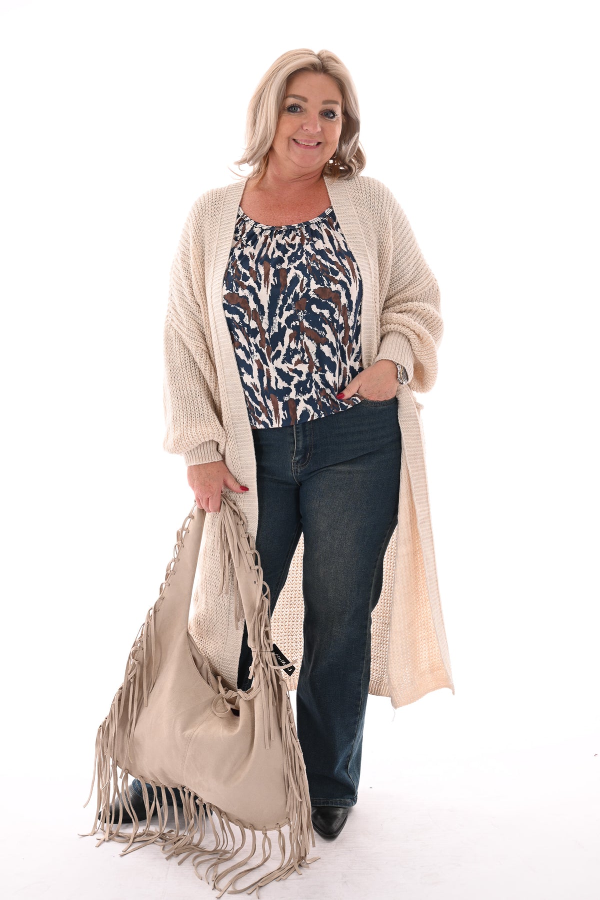 Basic top lange mouwen print vlekken jeansblauw