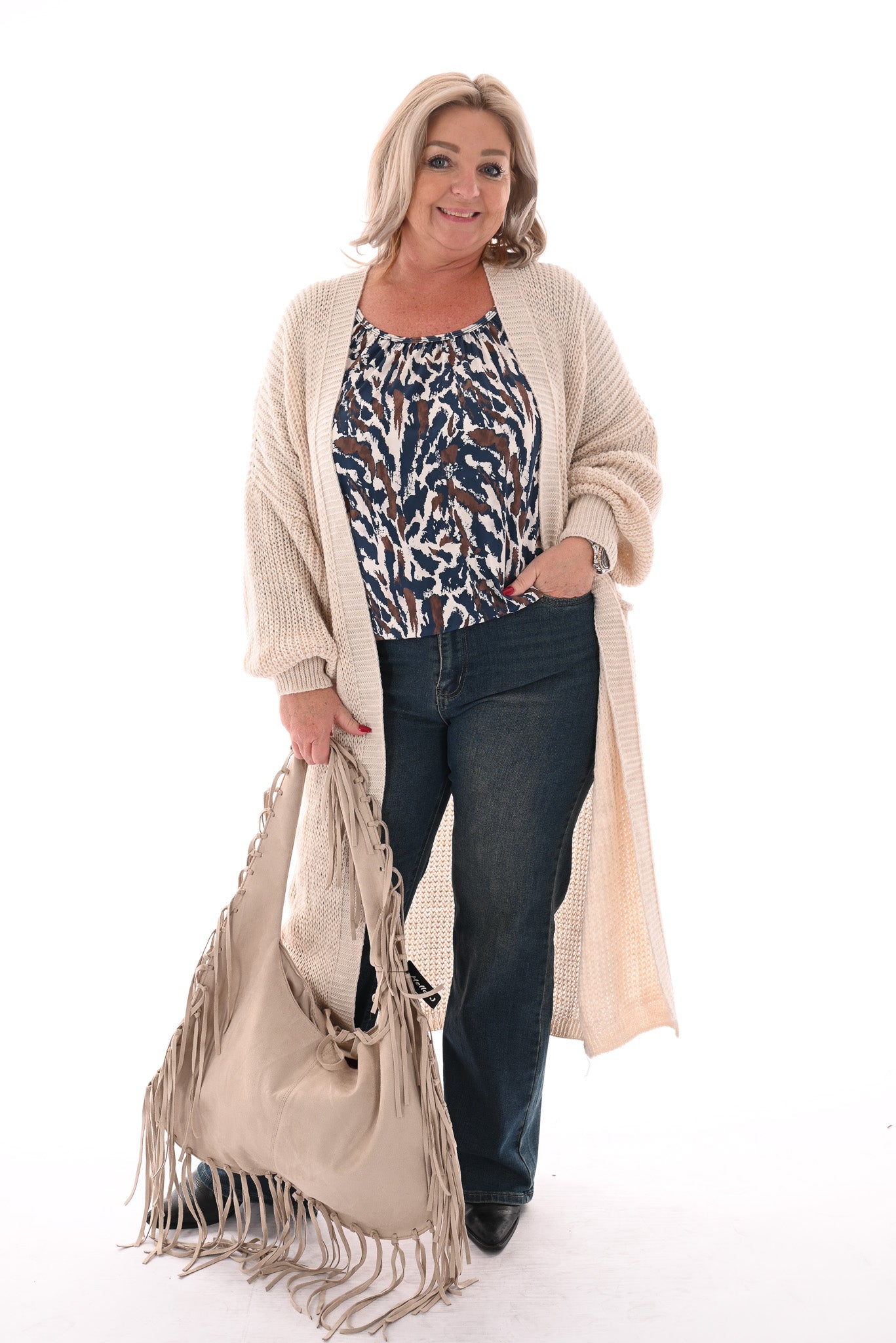 Basic top lange mouwen print vlekken jeansblauw