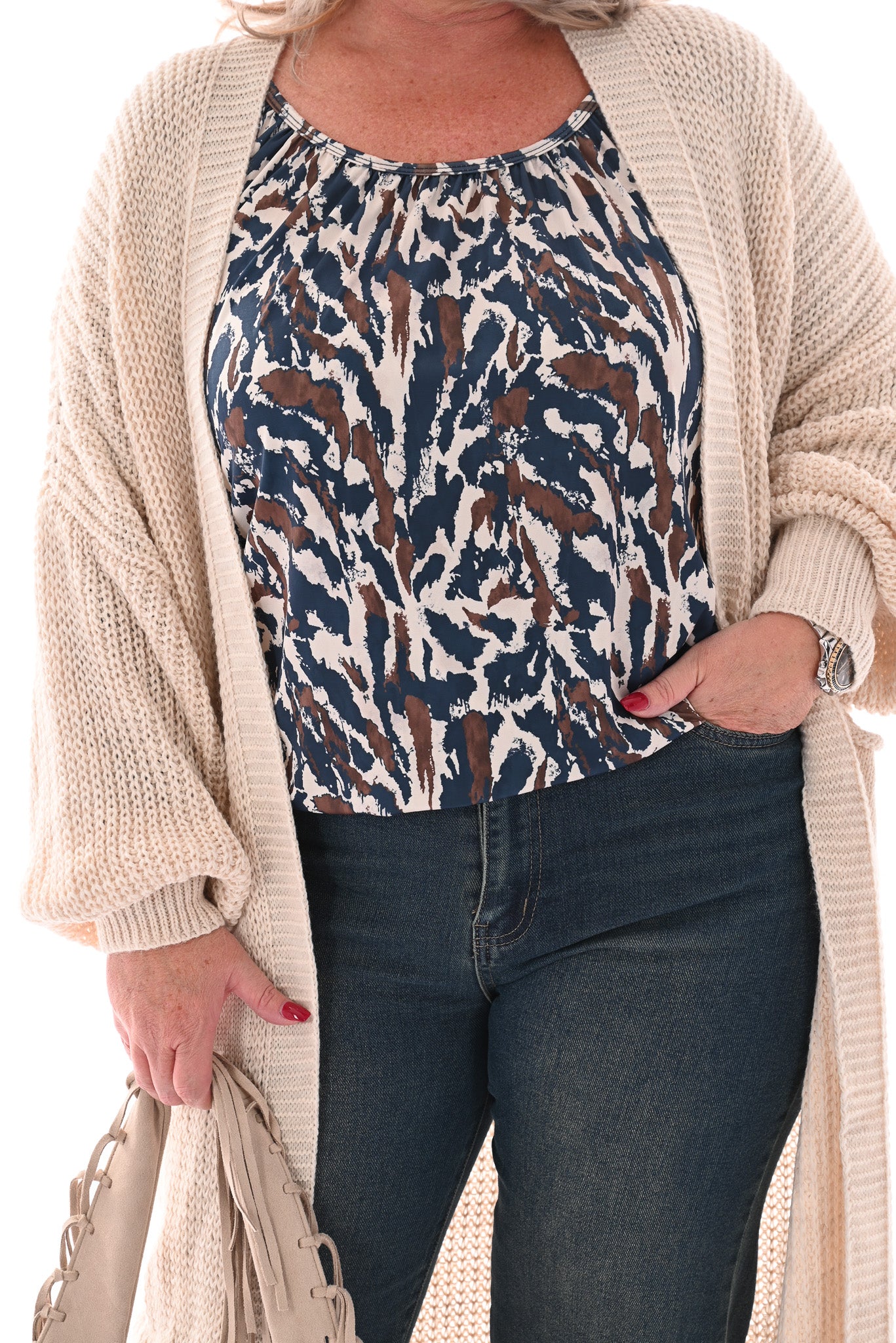 Basic top lange mouwen print vlekken jeansblauw