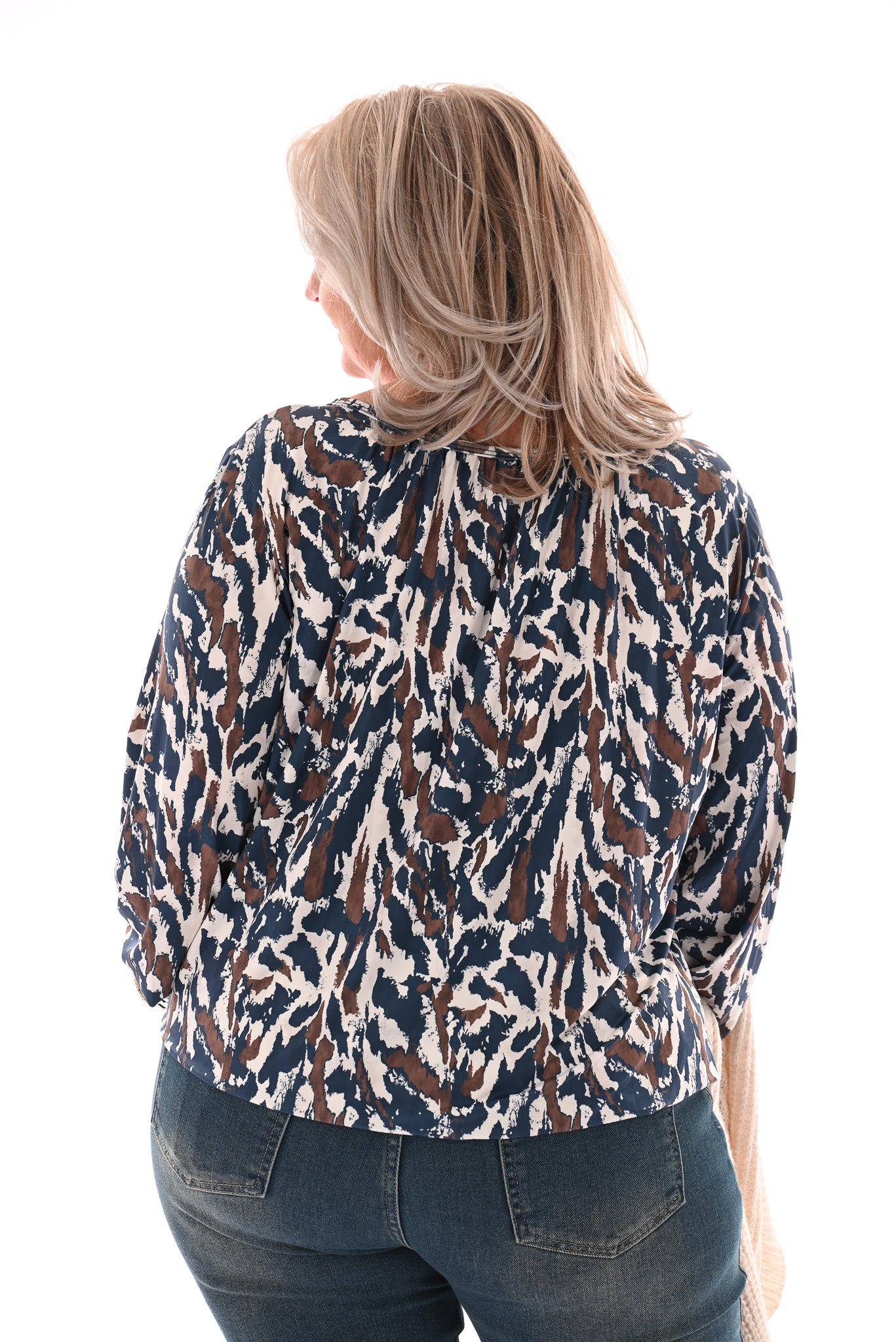 Basic top lange mouwen print vlekken jeansblauw