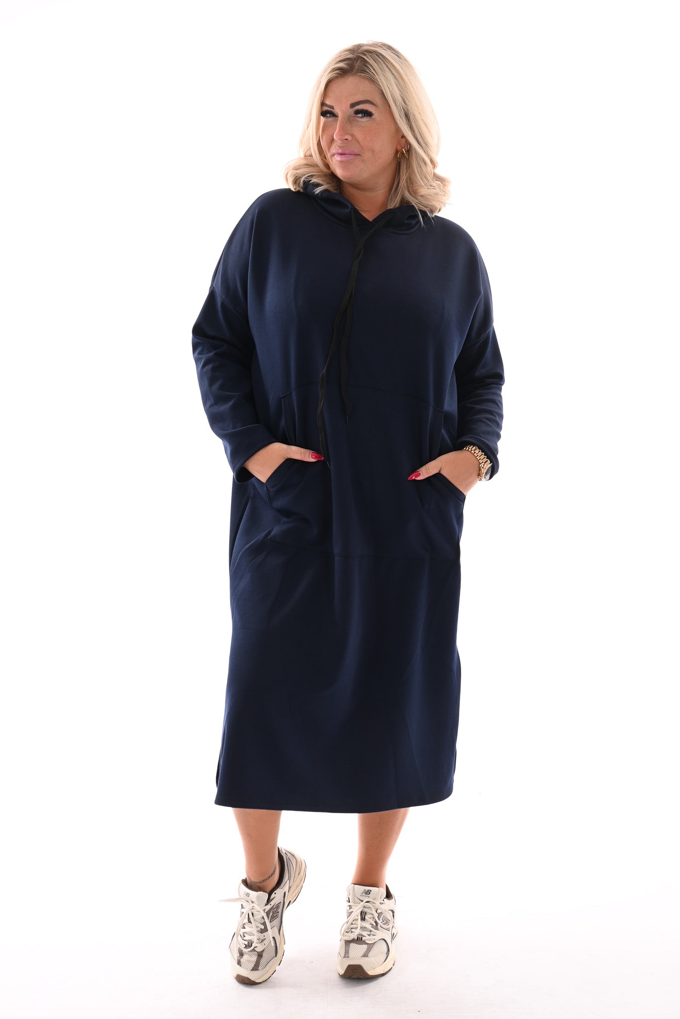 Lange sweaterdress met capuchon marineblauw