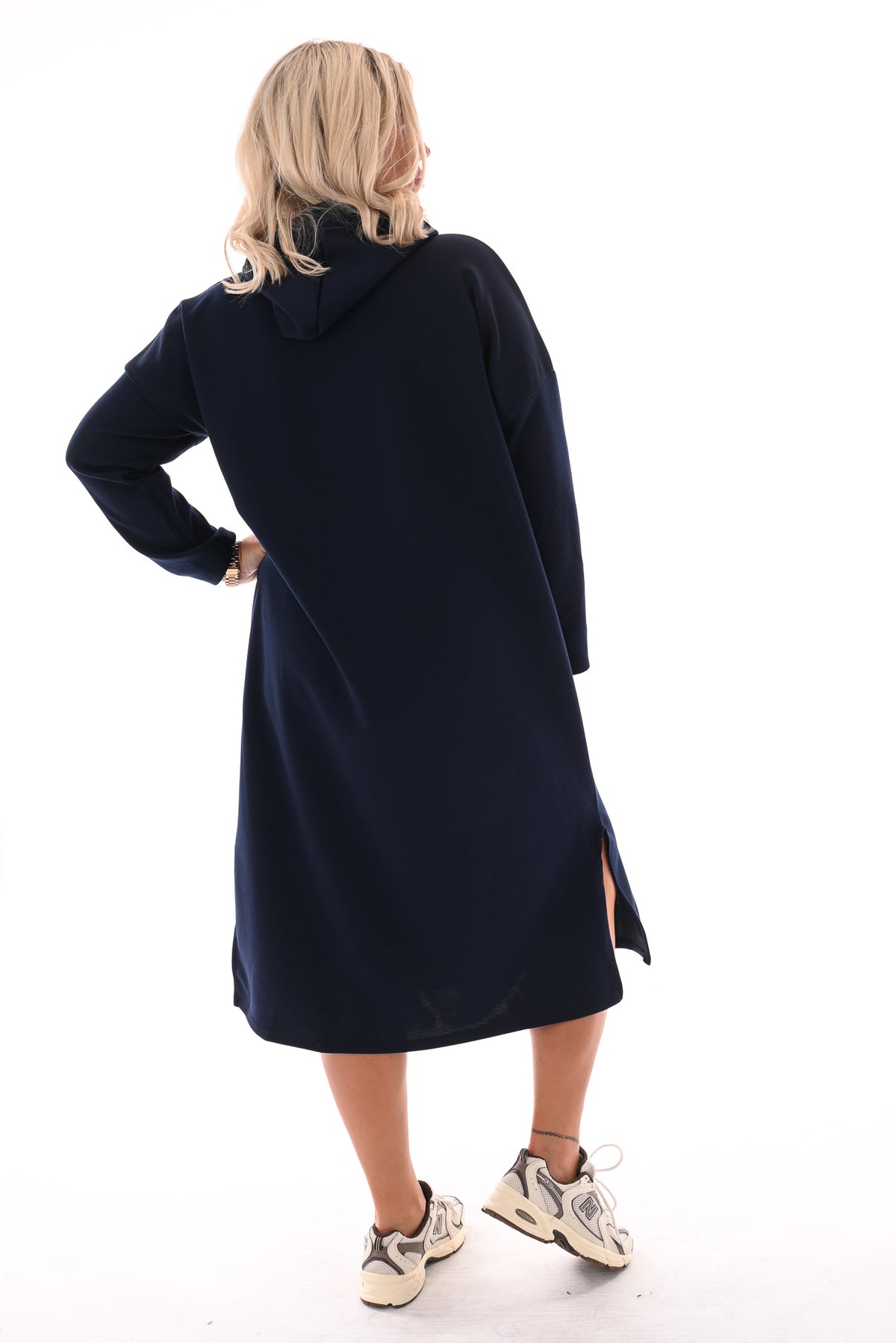 Lange sweaterdress met capuchon marineblauw