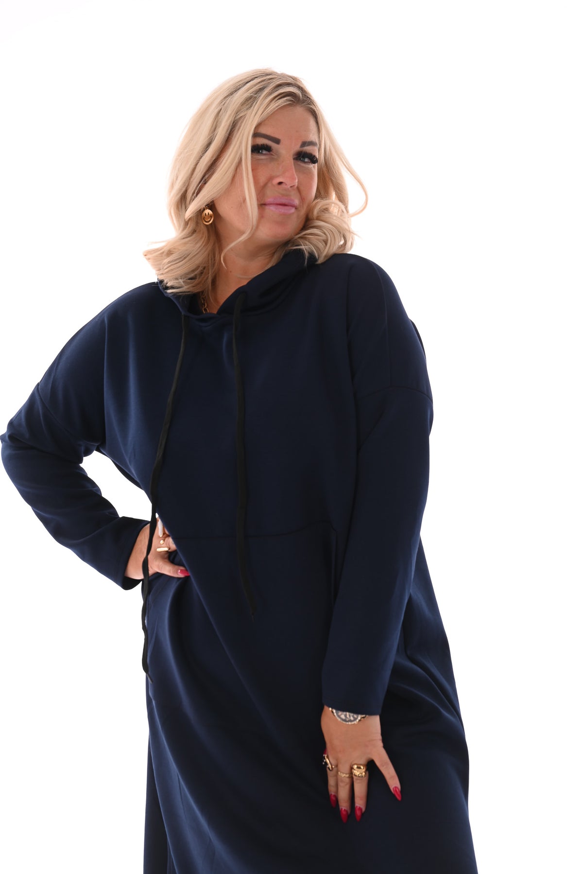 Lange sweaterdress met capuchon marineblauw