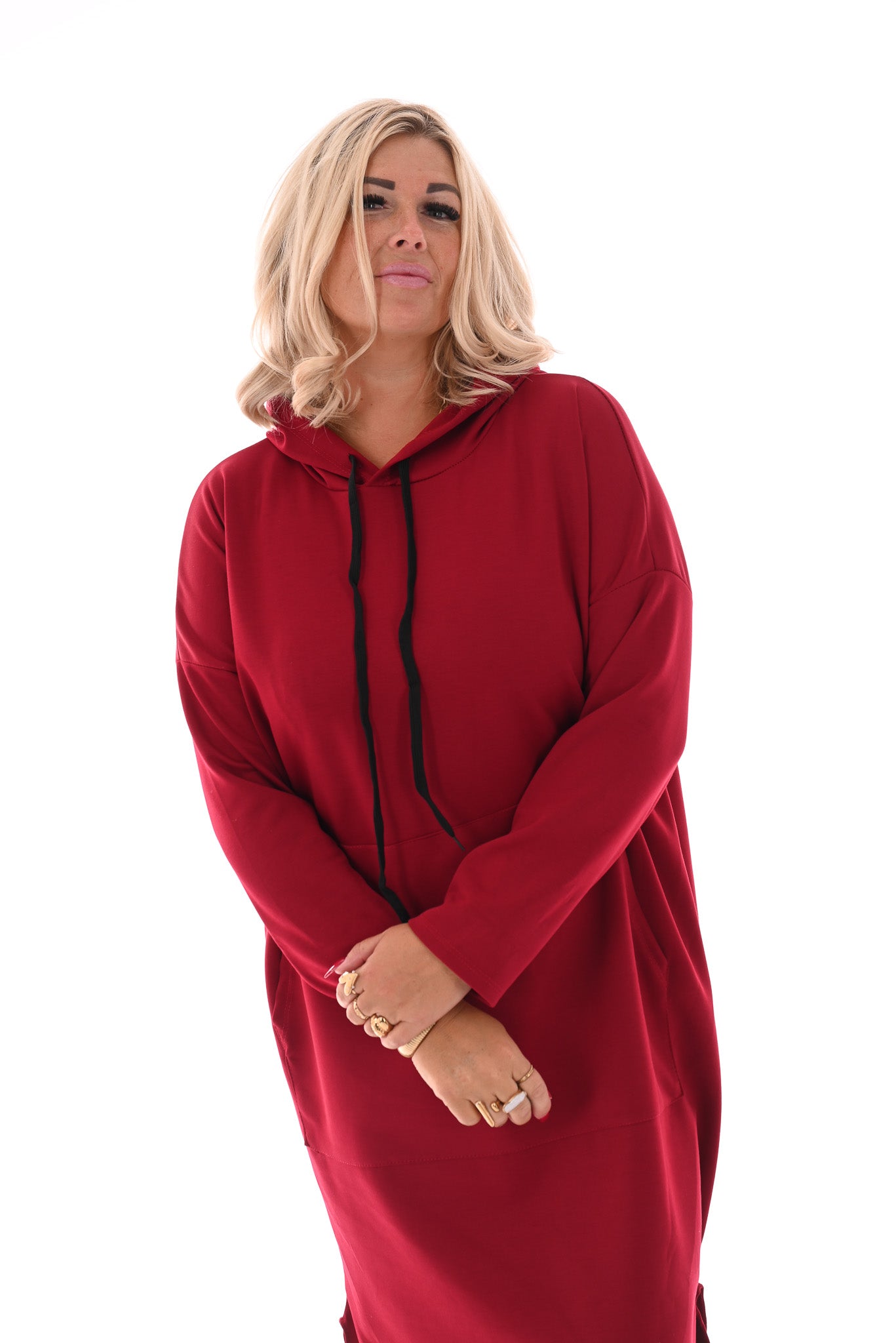 Lange sweaterdress met capuchon rood