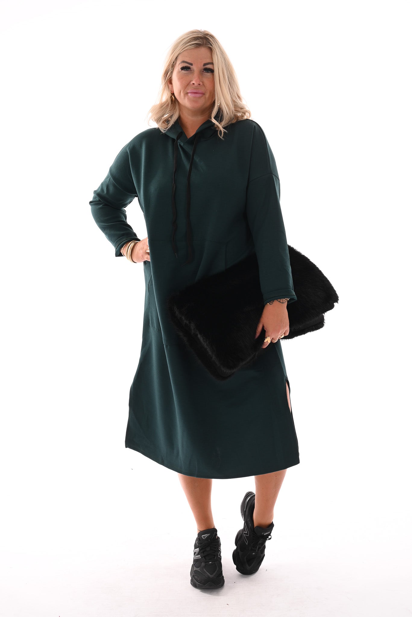 Lange sweaterdress met capuchon flessengroen