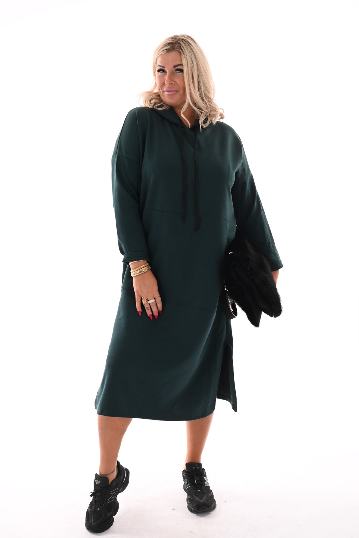 Lange sweaterdress met capuchon flessengroen