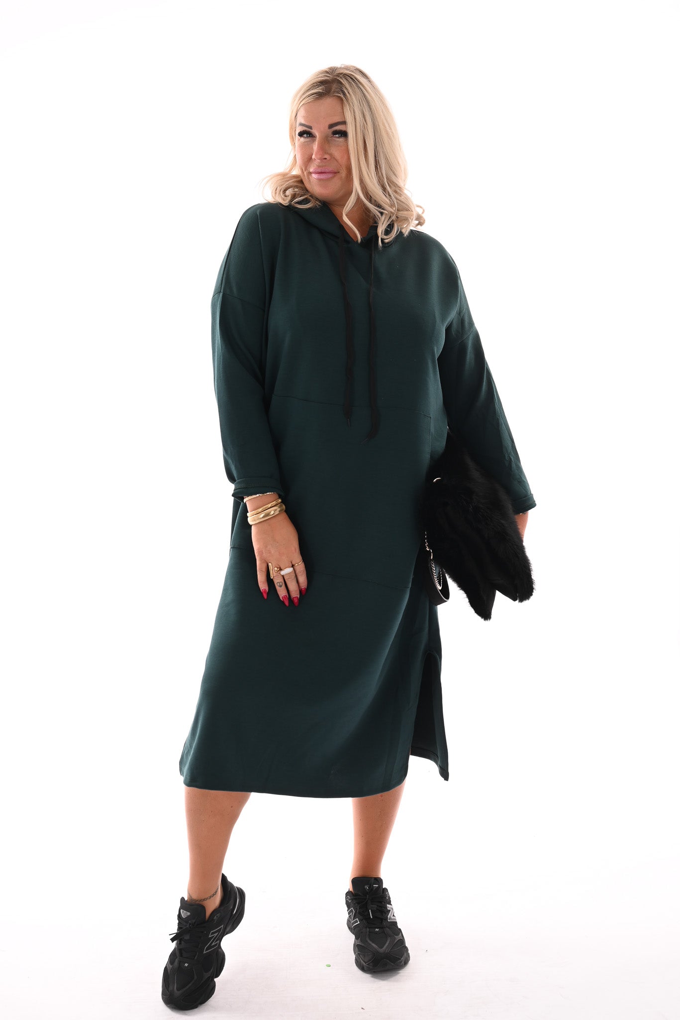 Lange sweaterdress met capuchon flessengroen