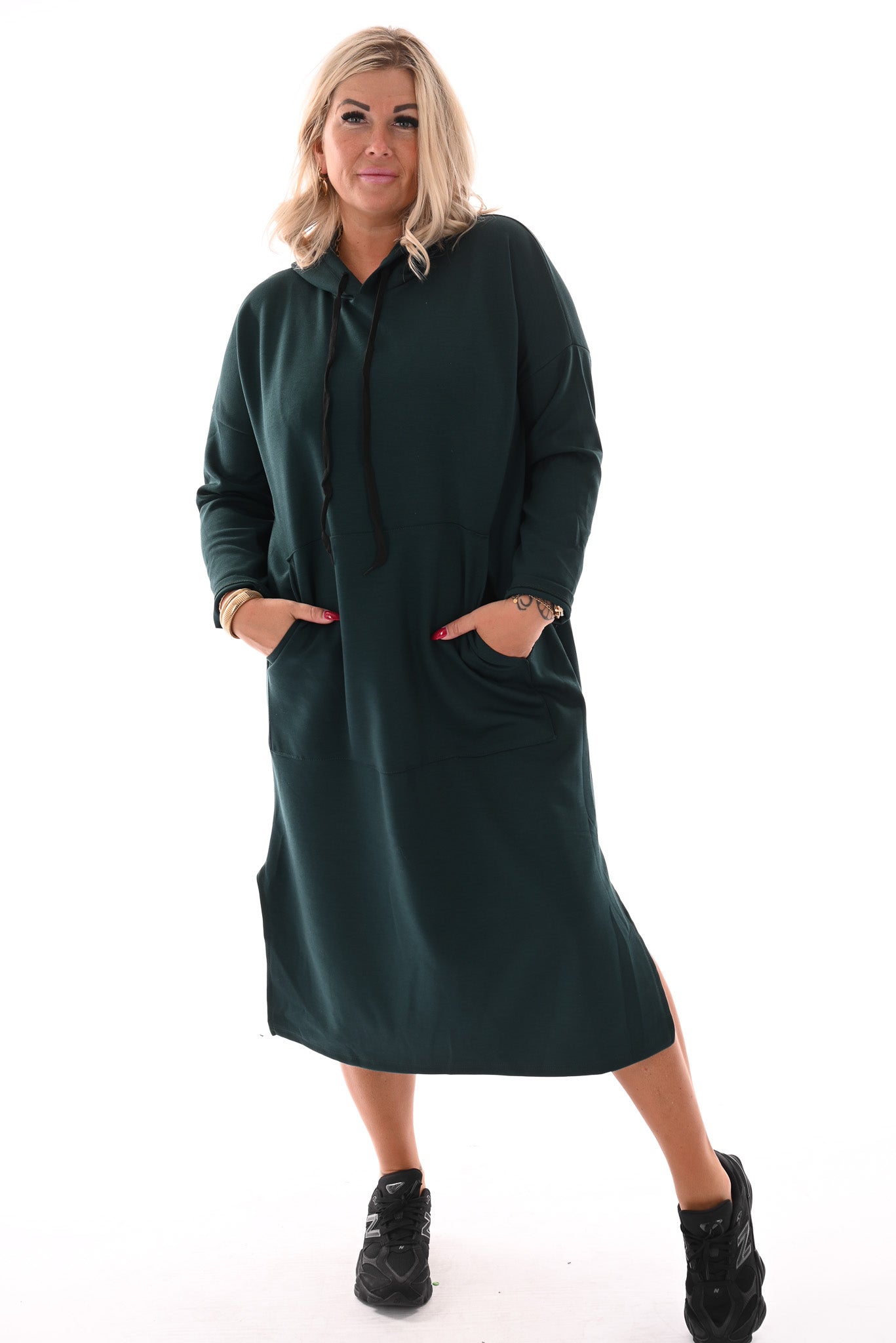 Lange sweaterdress met capuchon flessengroen