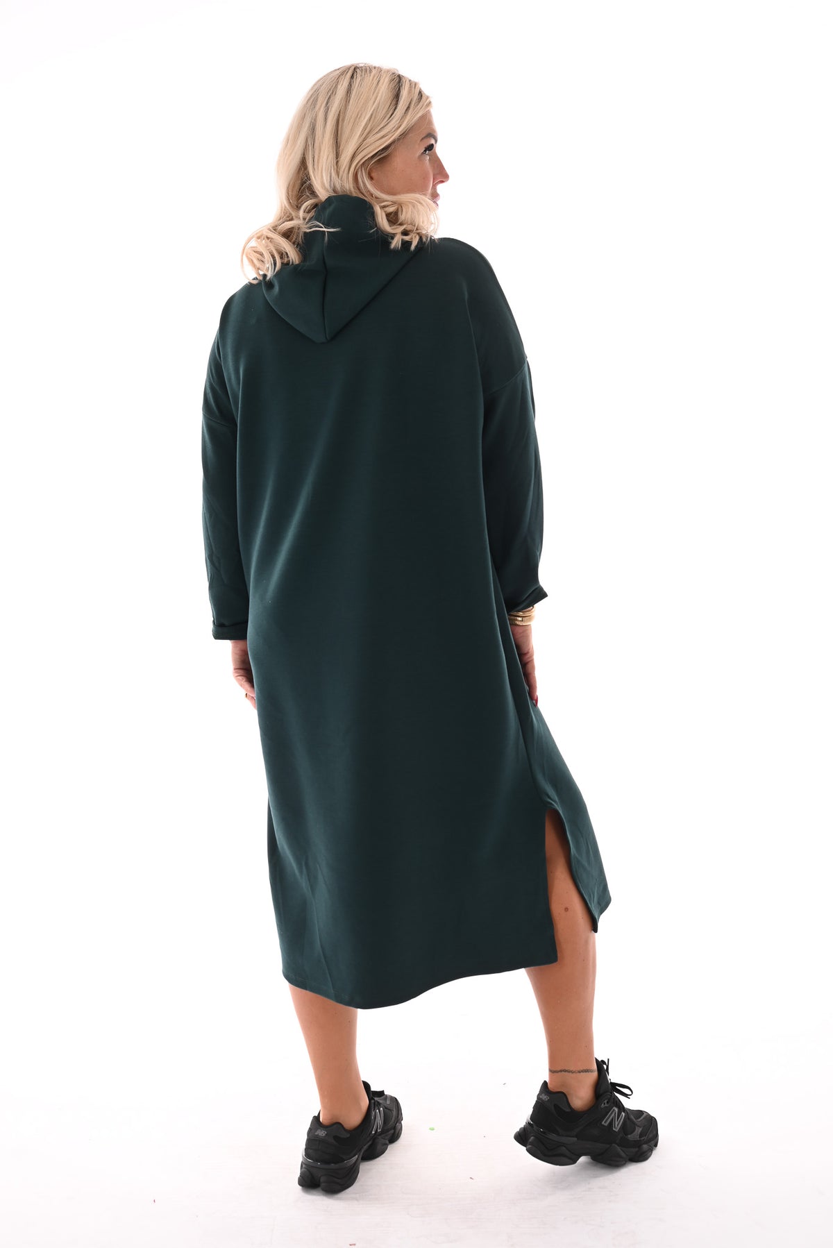 Lange sweaterdress met capuchon flessengroen
