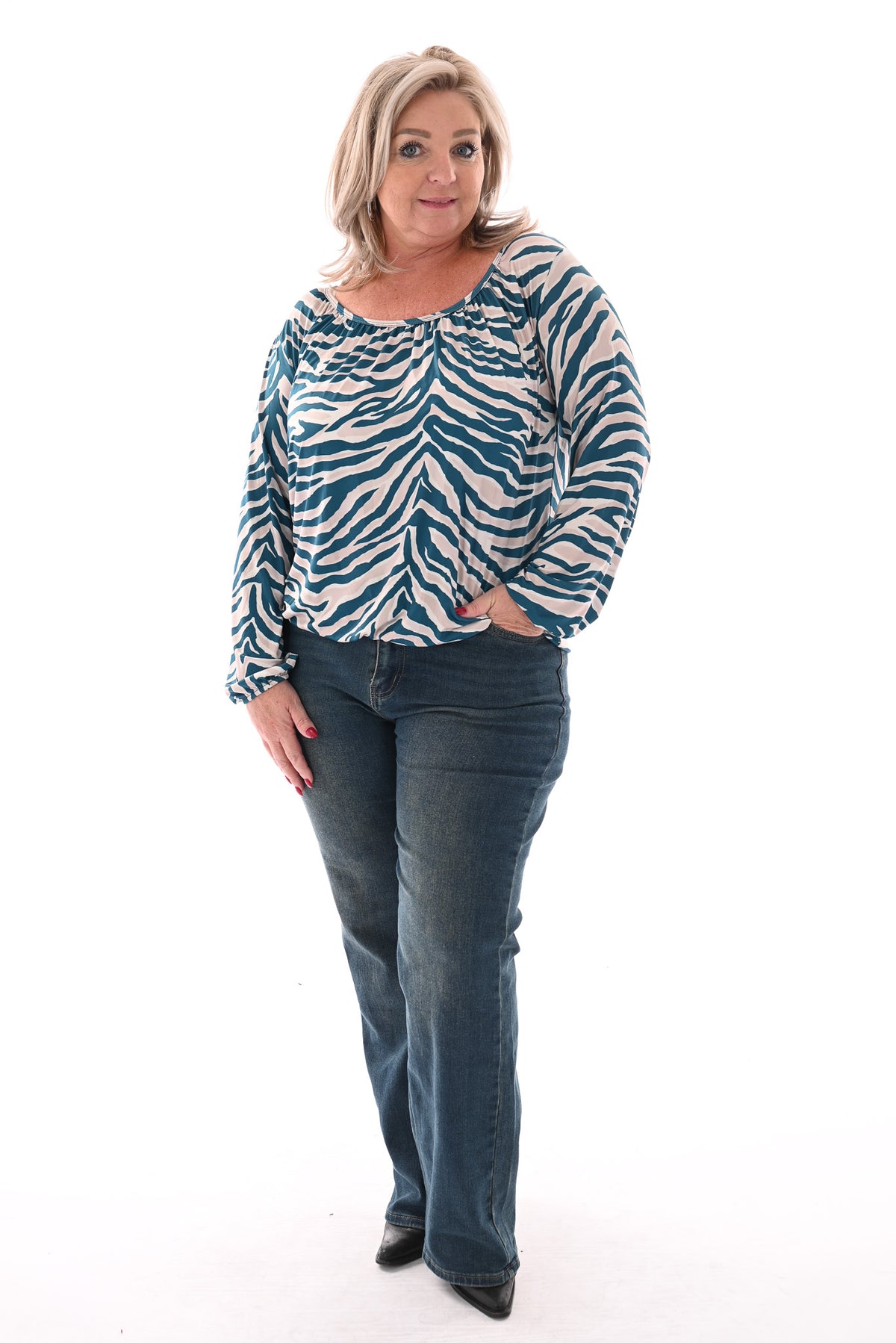 Basic top lange mouwen print strepen petrol
