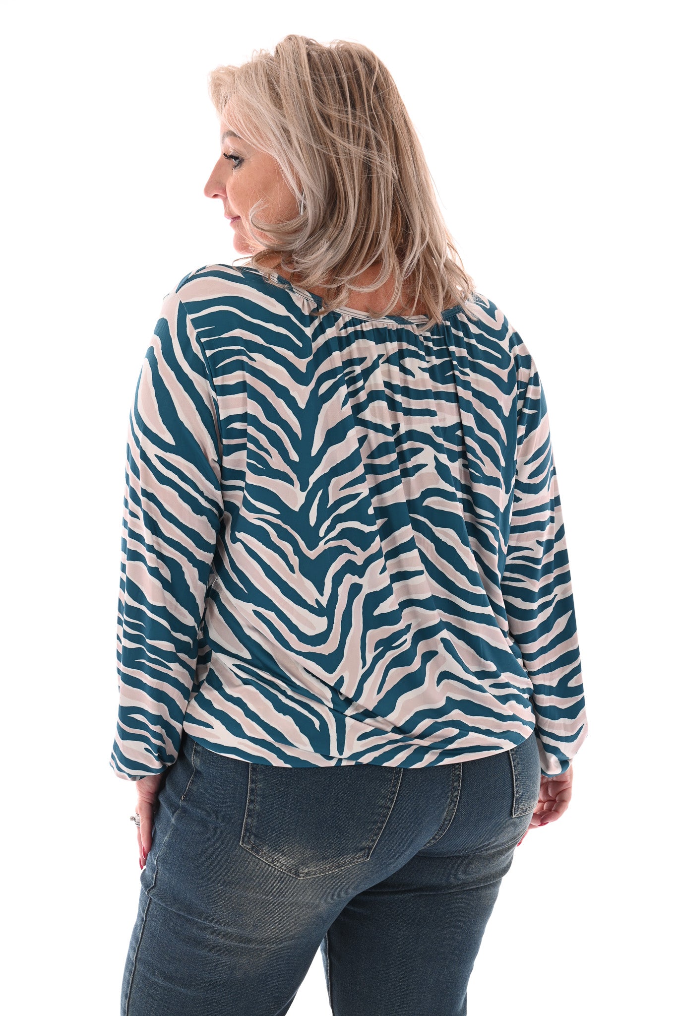 Basic top lange mouwen print strepen petrol