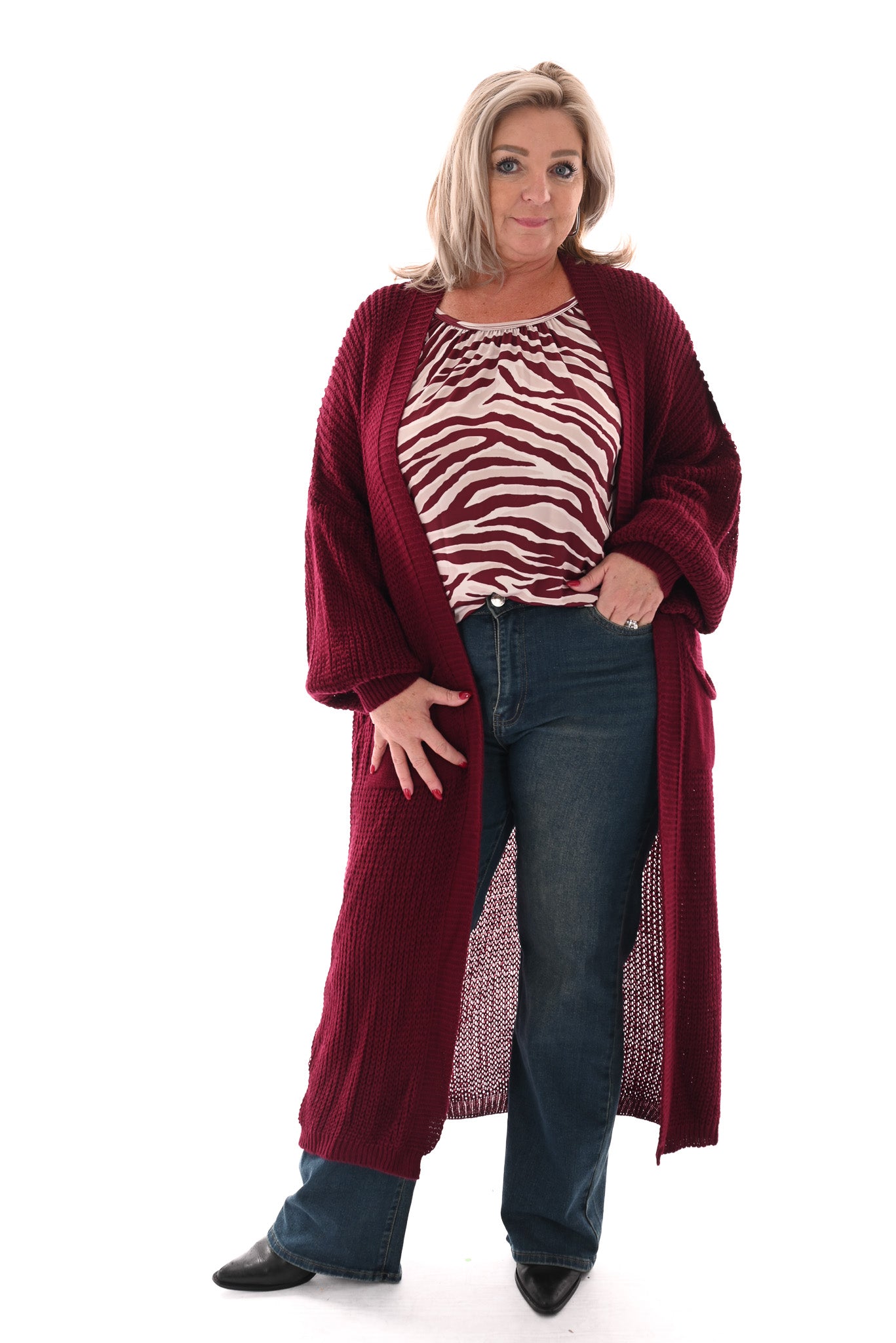 Basic top lange mouwen print strepen bordeaux